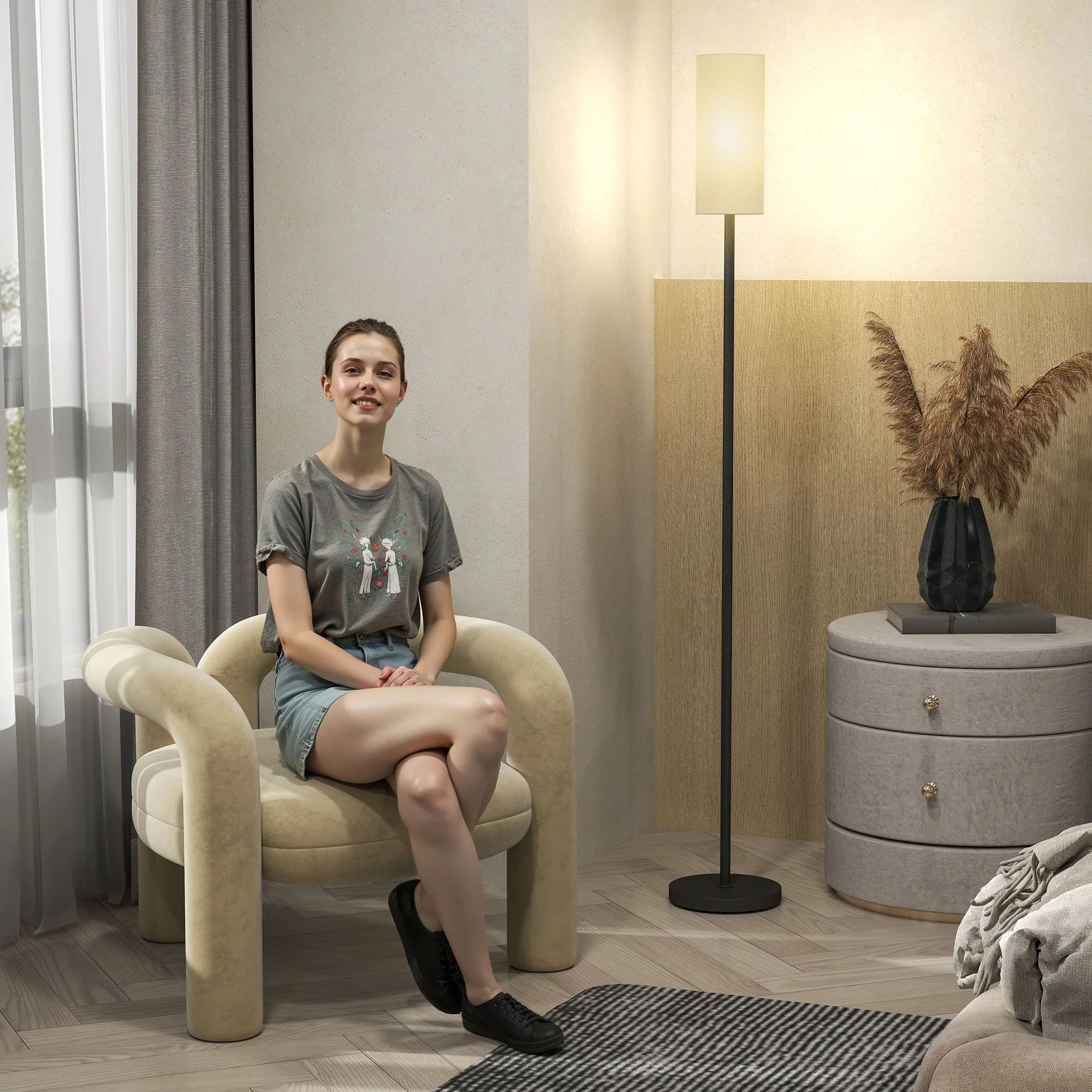 HOMCOM Floor Lamp With Linen Shade & Foot Switch For Living Room, White - Image 8