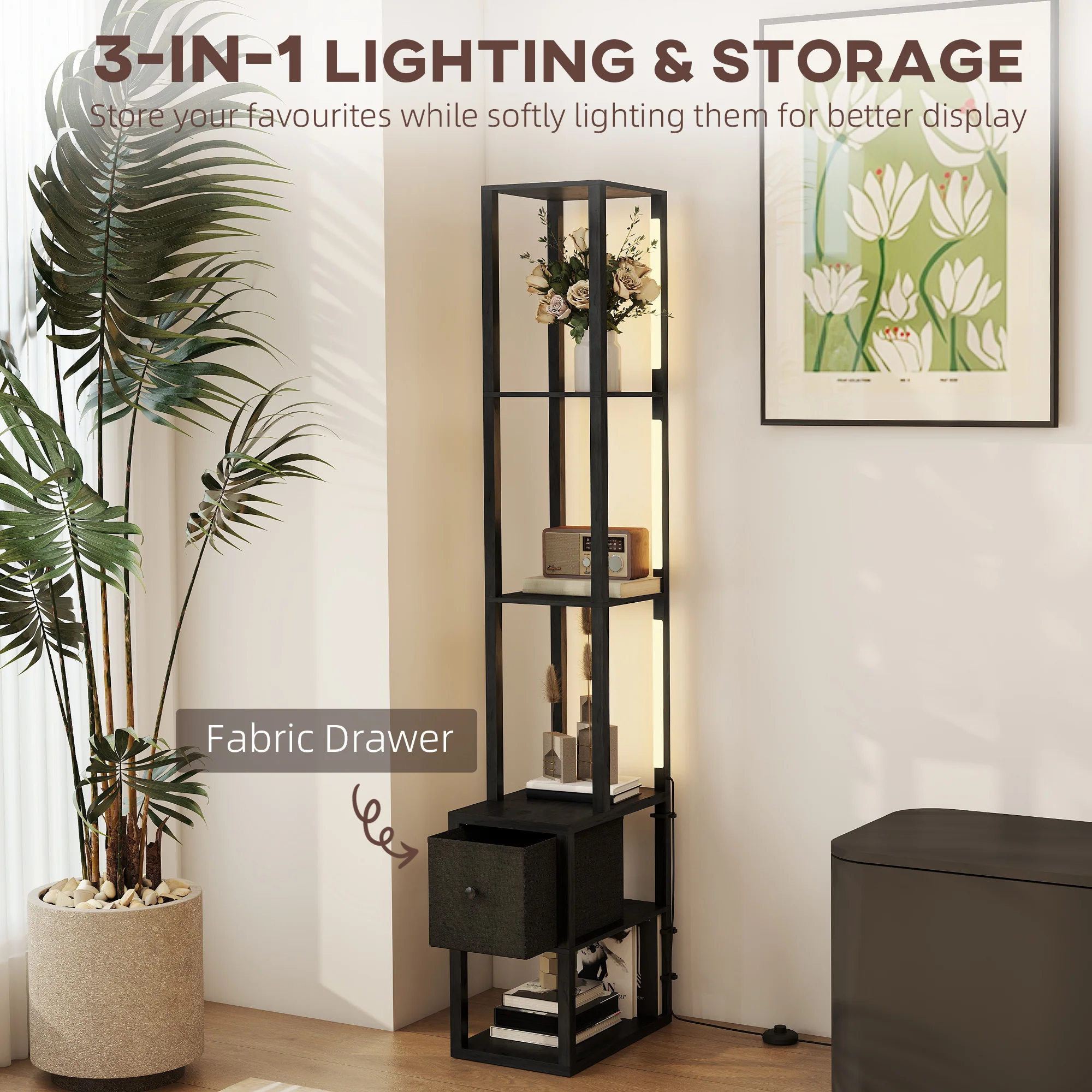 HOMCOM Floor Lamp With Shelves, LED Standing Lamp With Fabric Drawer - Image 12