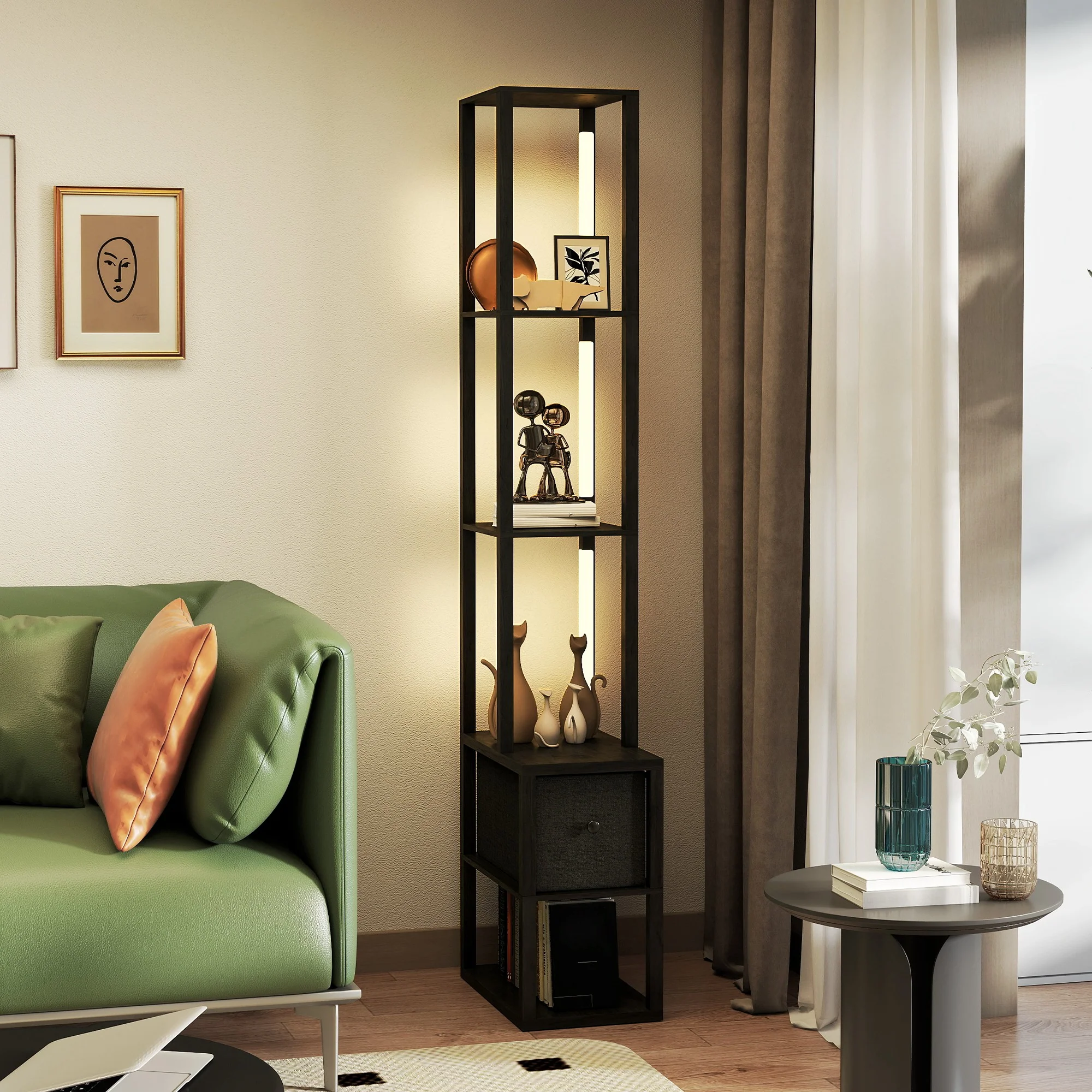 HOMCOM Floor Lamp With Shelves, LED Standing Lamp With Fabric Drawer - Image 16