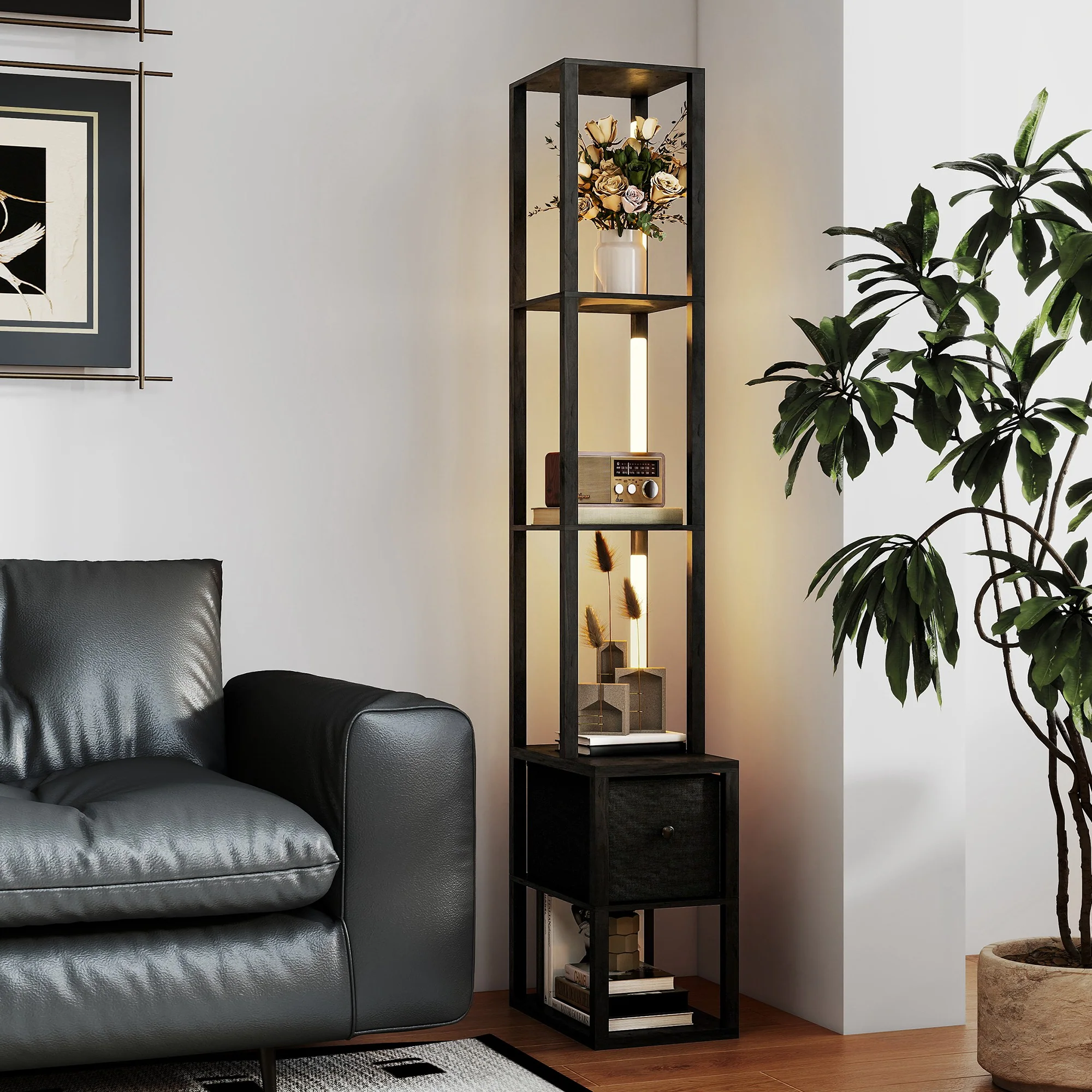HOMCOM Floor Lamp With Shelves, LED Standing Lamp With Fabric Drawer - Image 17