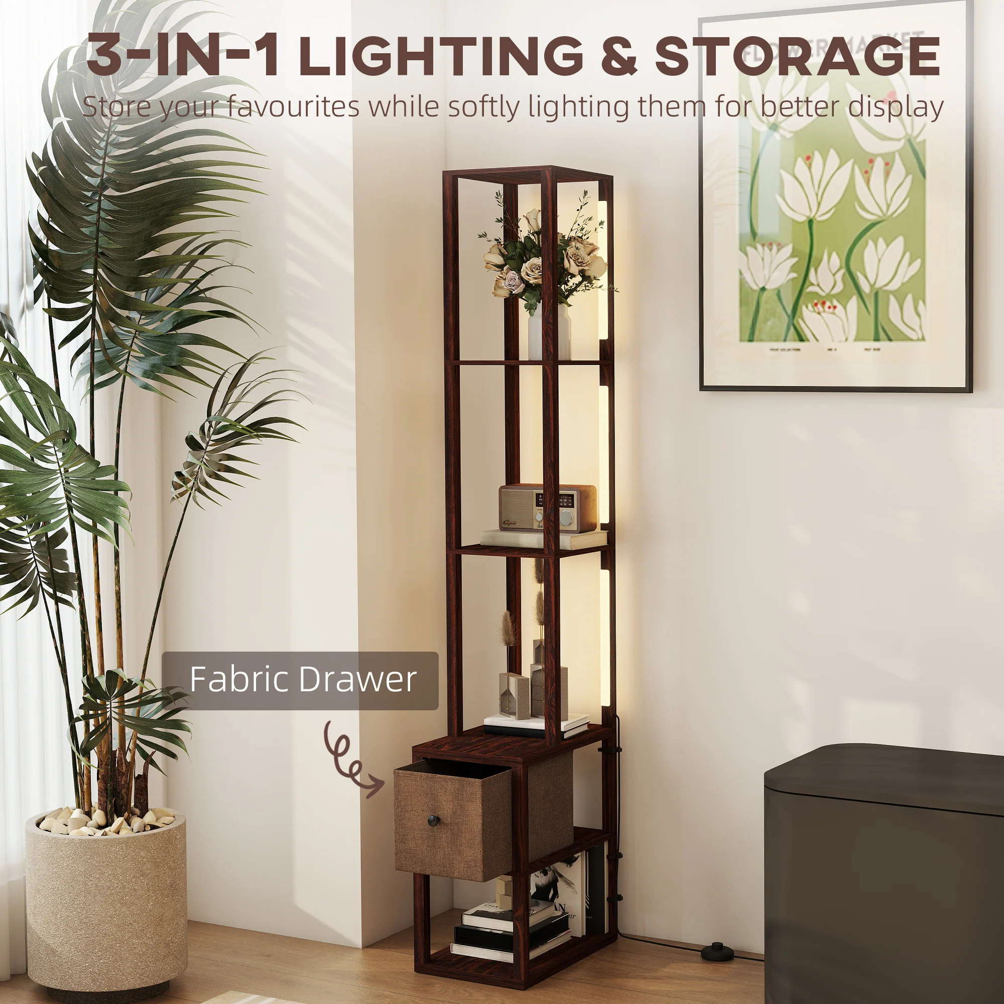 HOMCOM Floor Lamp With Shelves, LED Standing Lamp With Fabric Drawer - Image 21