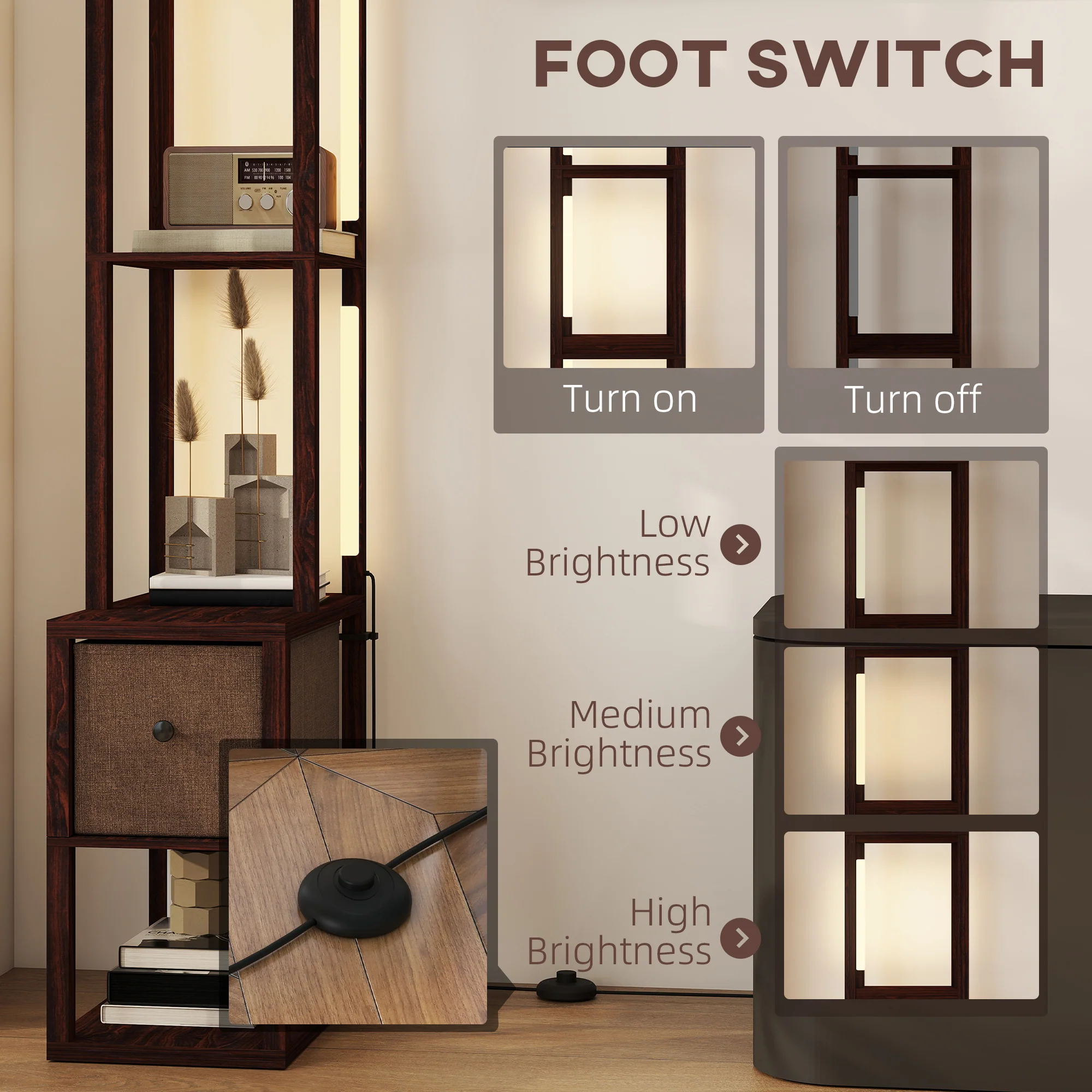 HOMCOM Floor Lamp With Shelves, LED Standing Lamp With Fabric Drawer - Image 24