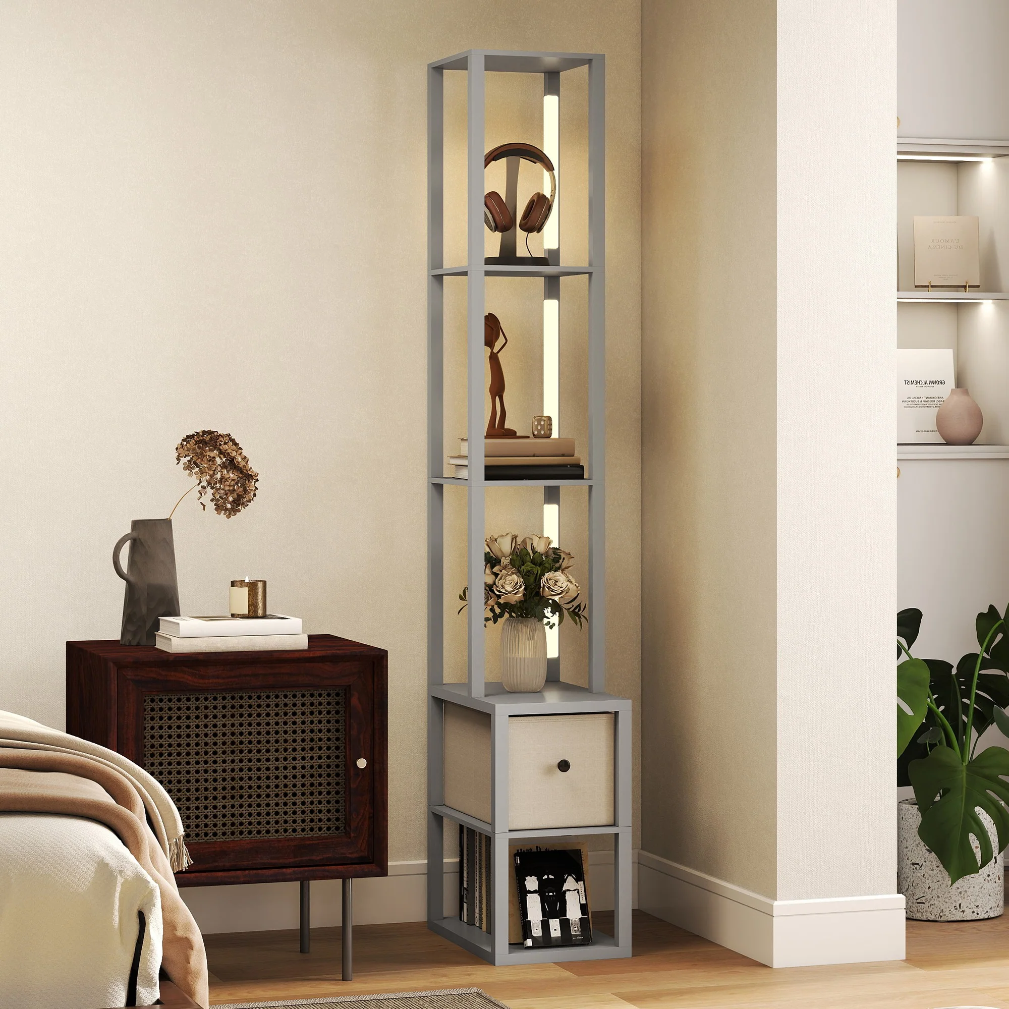 HOMCOM Floor Lamp With Shelves, LED Standing Lamp With Fabric Drawer - Image 29