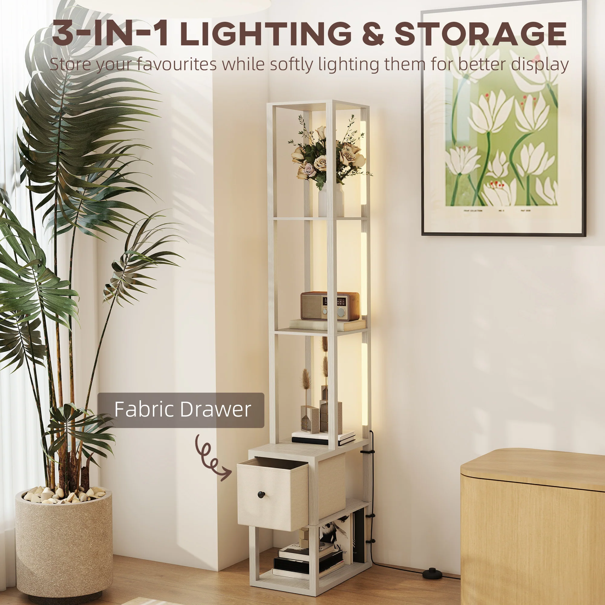 HOMCOM Floor Lamp With Shelves, LED Standing Lamp With Fabric Drawer - Image 3