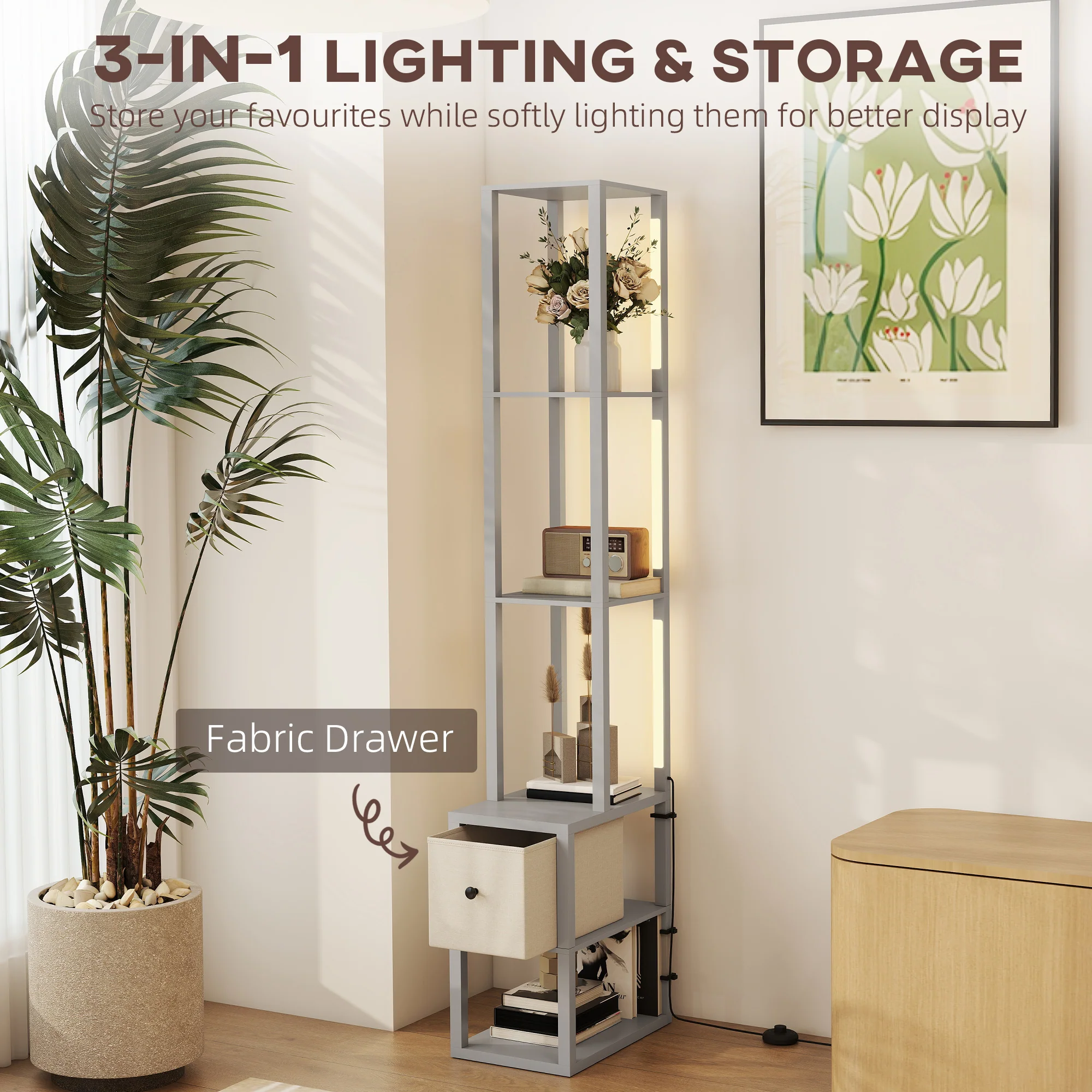 HOMCOM Floor Lamp With Shelves, LED Standing Lamp With Fabric Drawer - Image 30