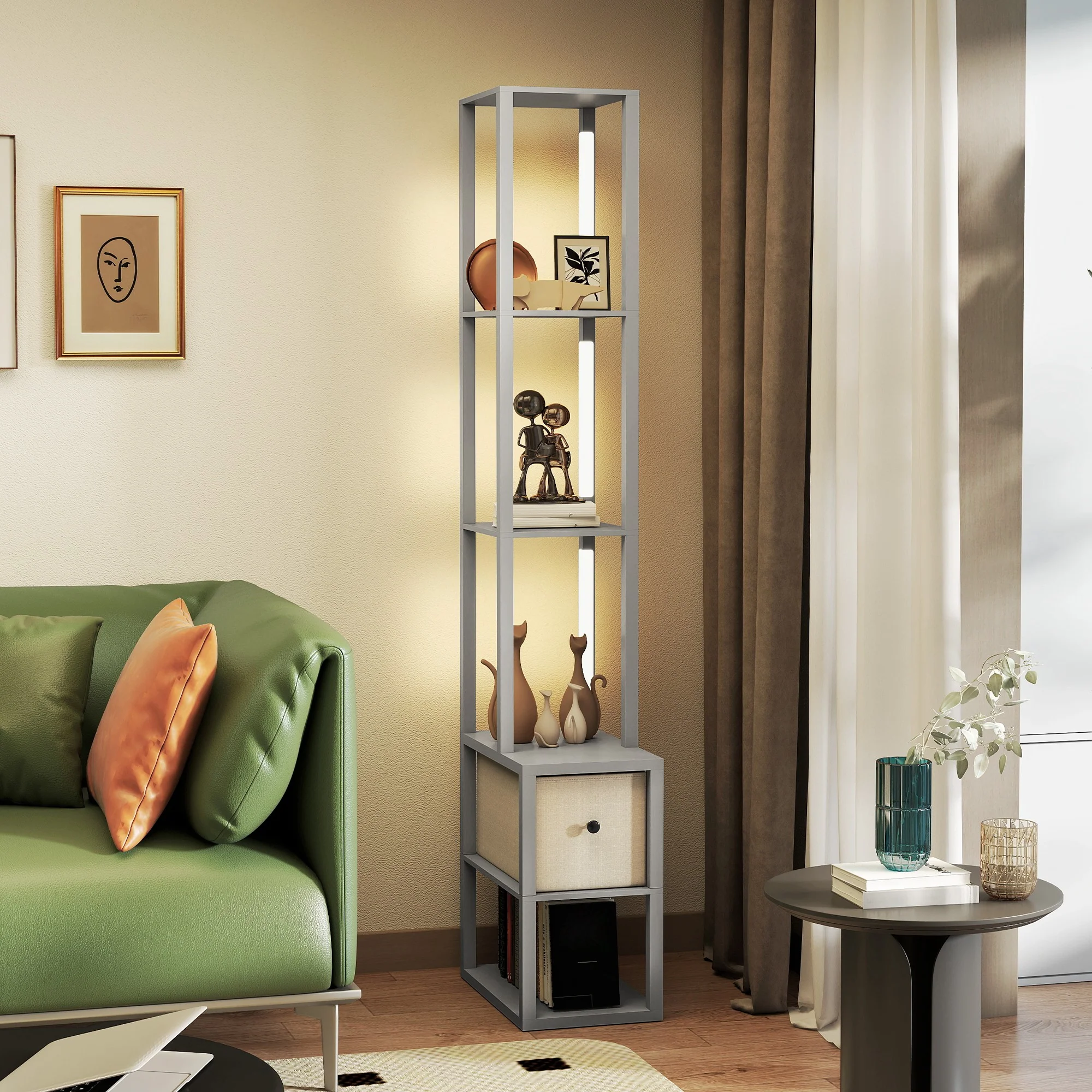 HOMCOM Floor Lamp With Shelves, LED Standing Lamp With Fabric Drawer - Image 34