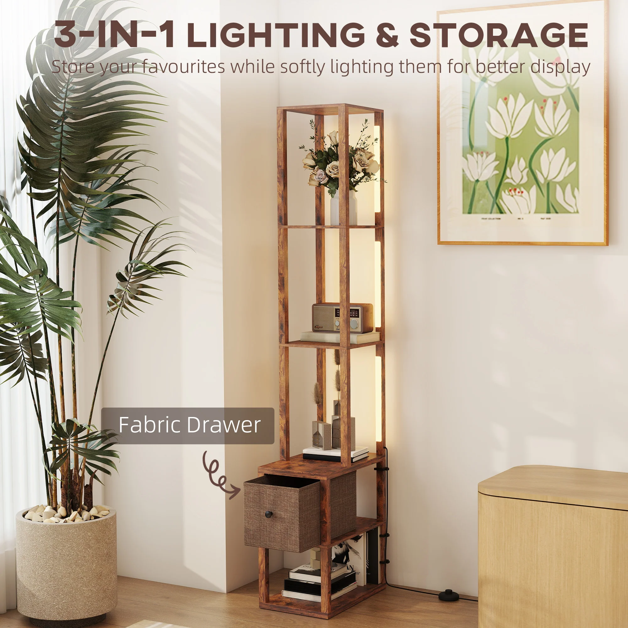 HOMCOM Floor Lamp With Shelves, LED Standing Lamp With Fabric Drawer - Image 39