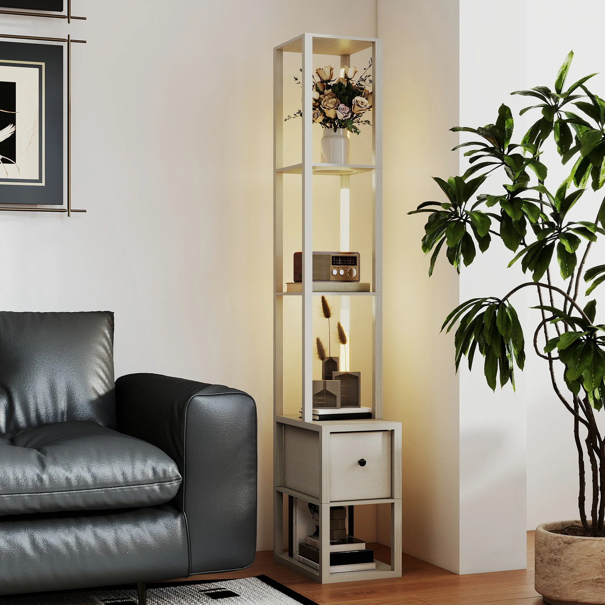HOMCOM Floor Lamp With Shelves, LED Standing Lamp With Fabric Drawer - Image 8