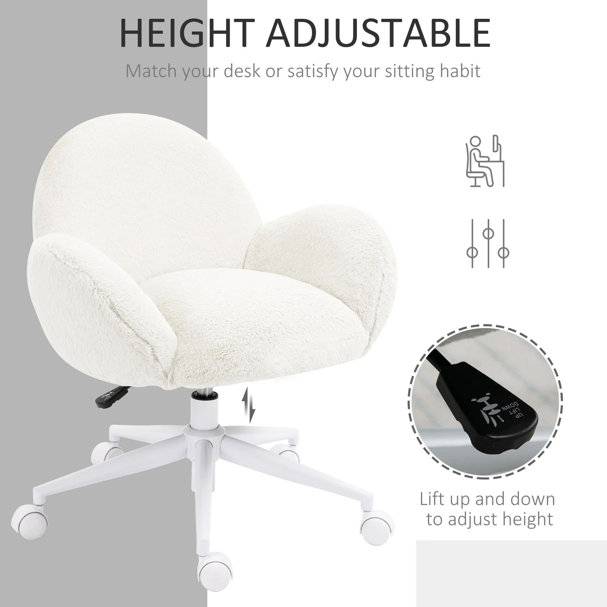 HOMCOM Fluffy Leisure Chair Office Chair With Backrest Wheels Cream White - Image 3