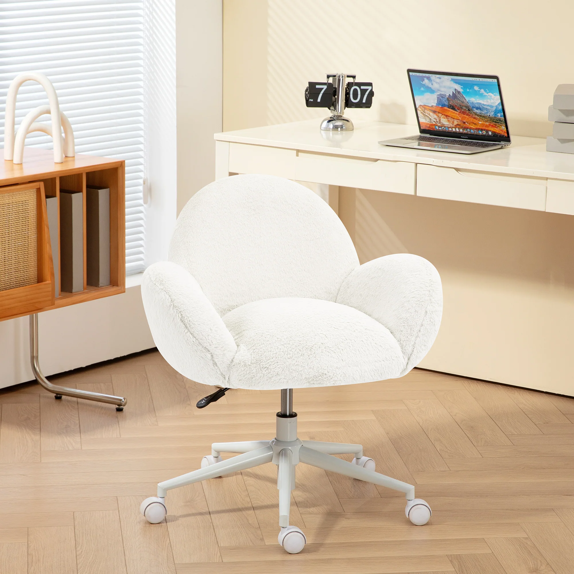 HOMCOM Fluffy Leisure Chair Office Chair With Backrest Wheels Cream White - Image 7