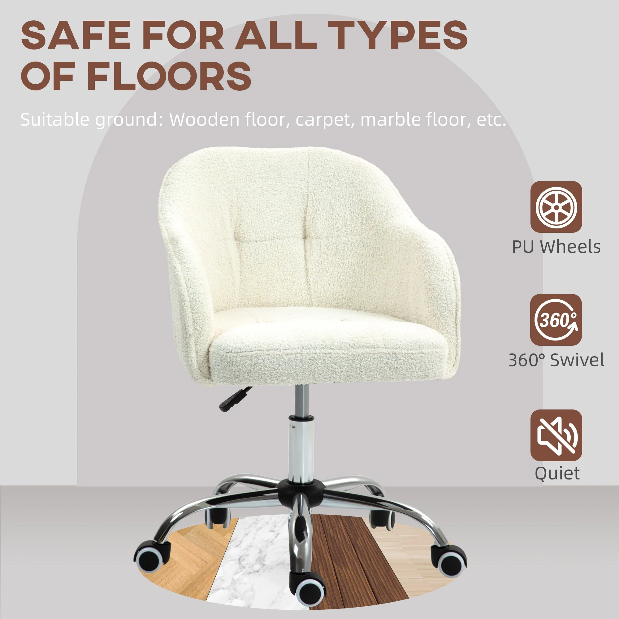 HOMCOM Fluffy Vanity Chair For Desk, With Height Adjustable, Wheels - Grey/Cream - Image 13