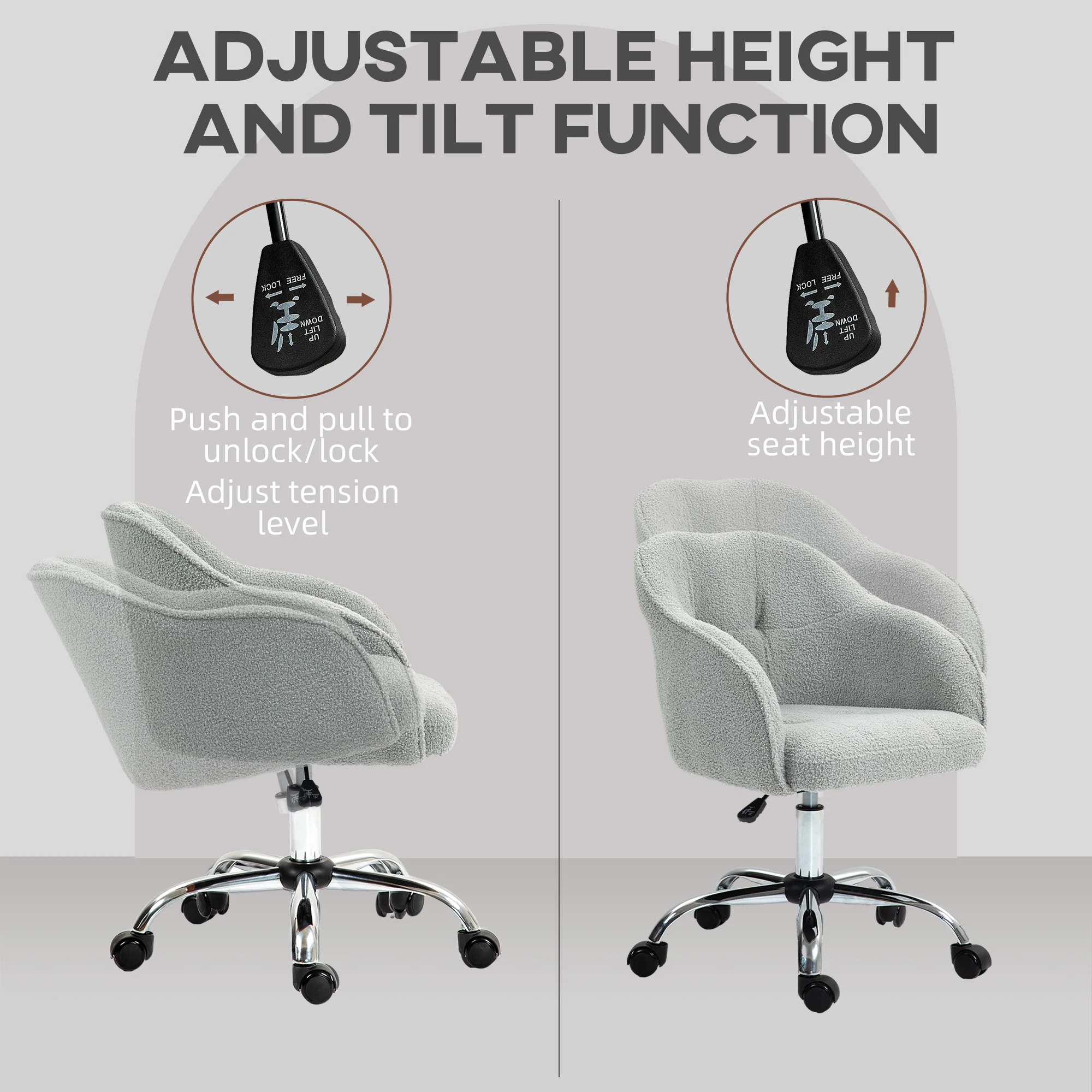 HOMCOM Fluffy Vanity Chair For Desk, With Height Adjustable, Wheels - Grey/Cream - Image 3