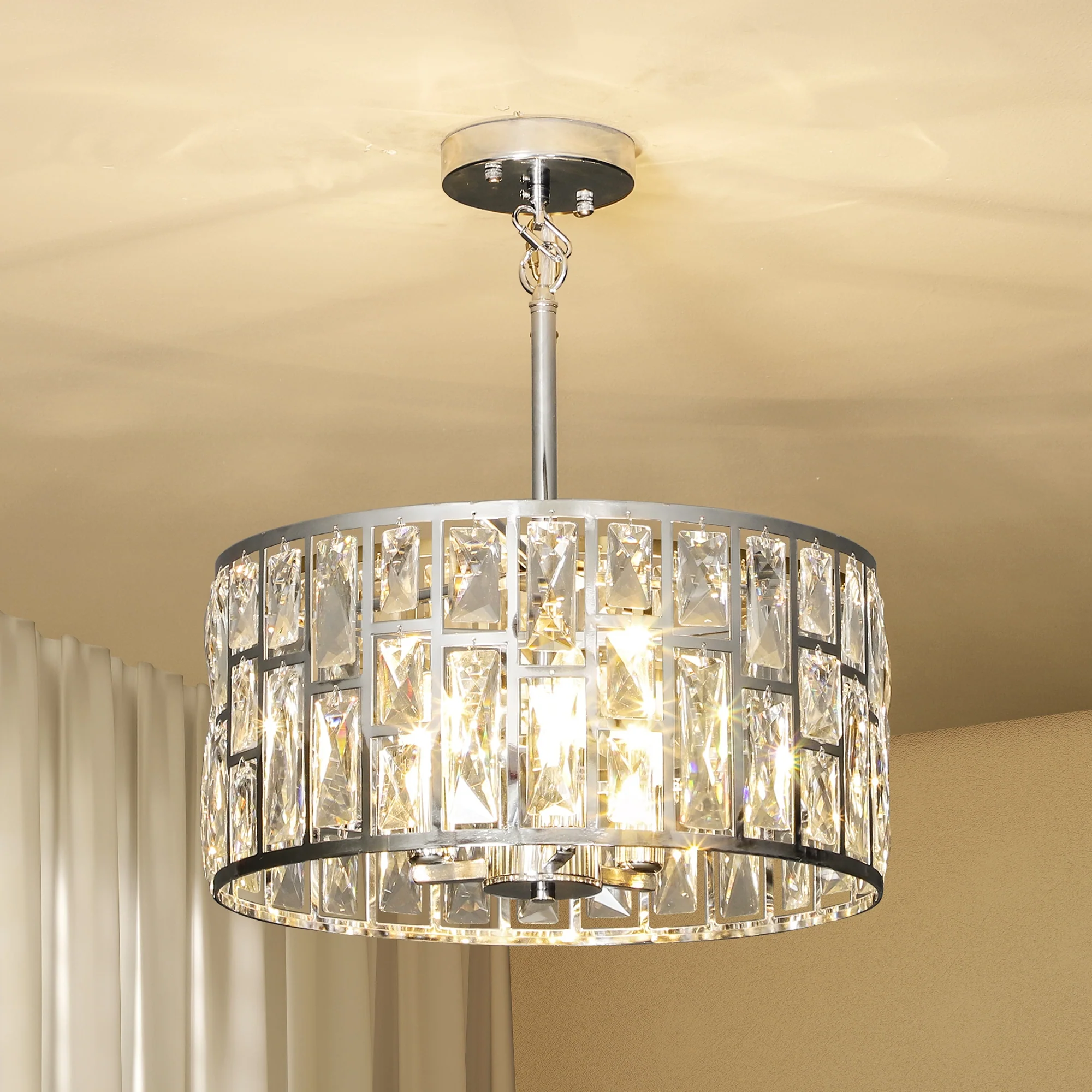 HOMCOM Flush Mount Ceiling Light, 3-Light Crystal Chandelier For Living Room