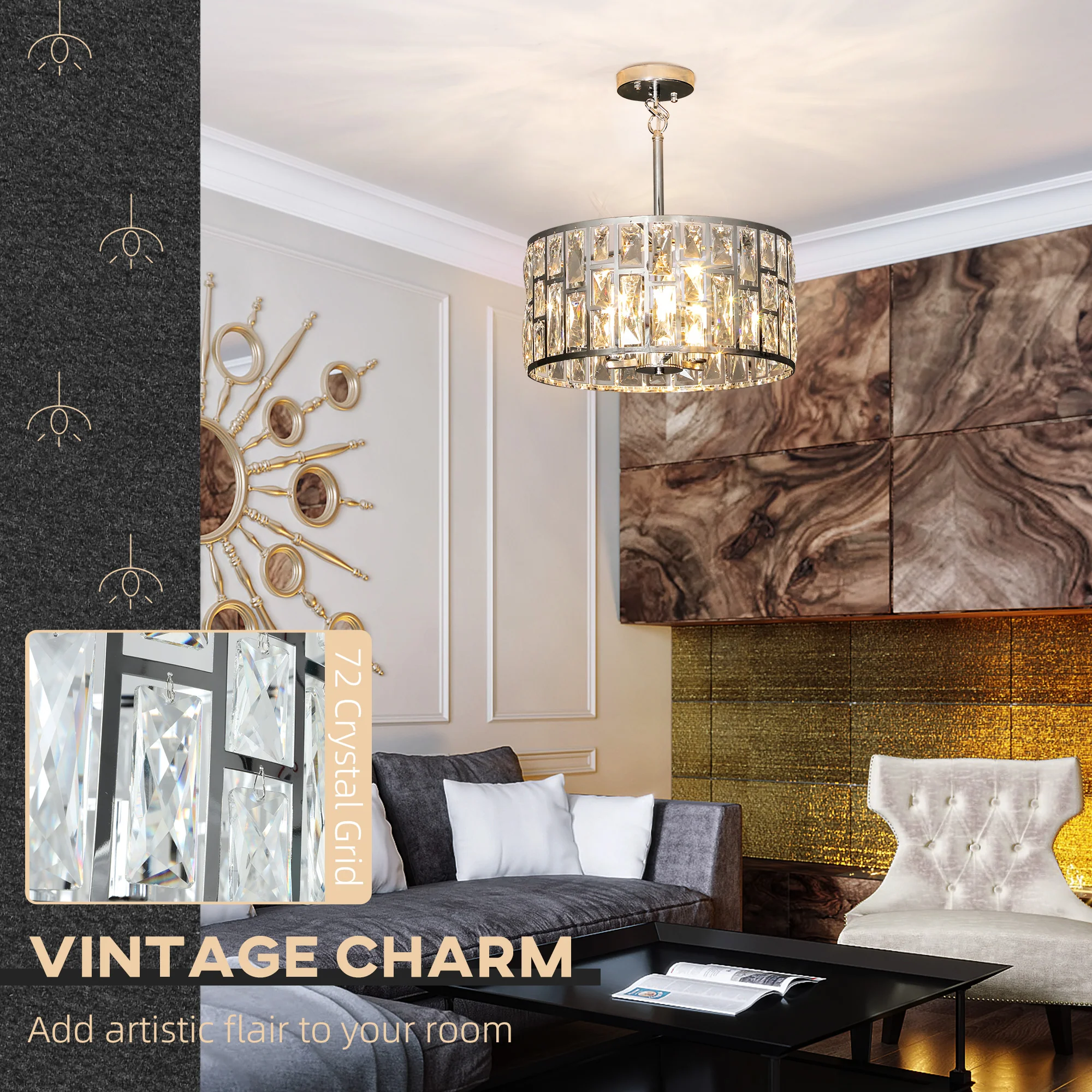 HOMCOM Flush Mount Ceiling Light, 3-Light Crystal Chandelier For Living Room - Image 3