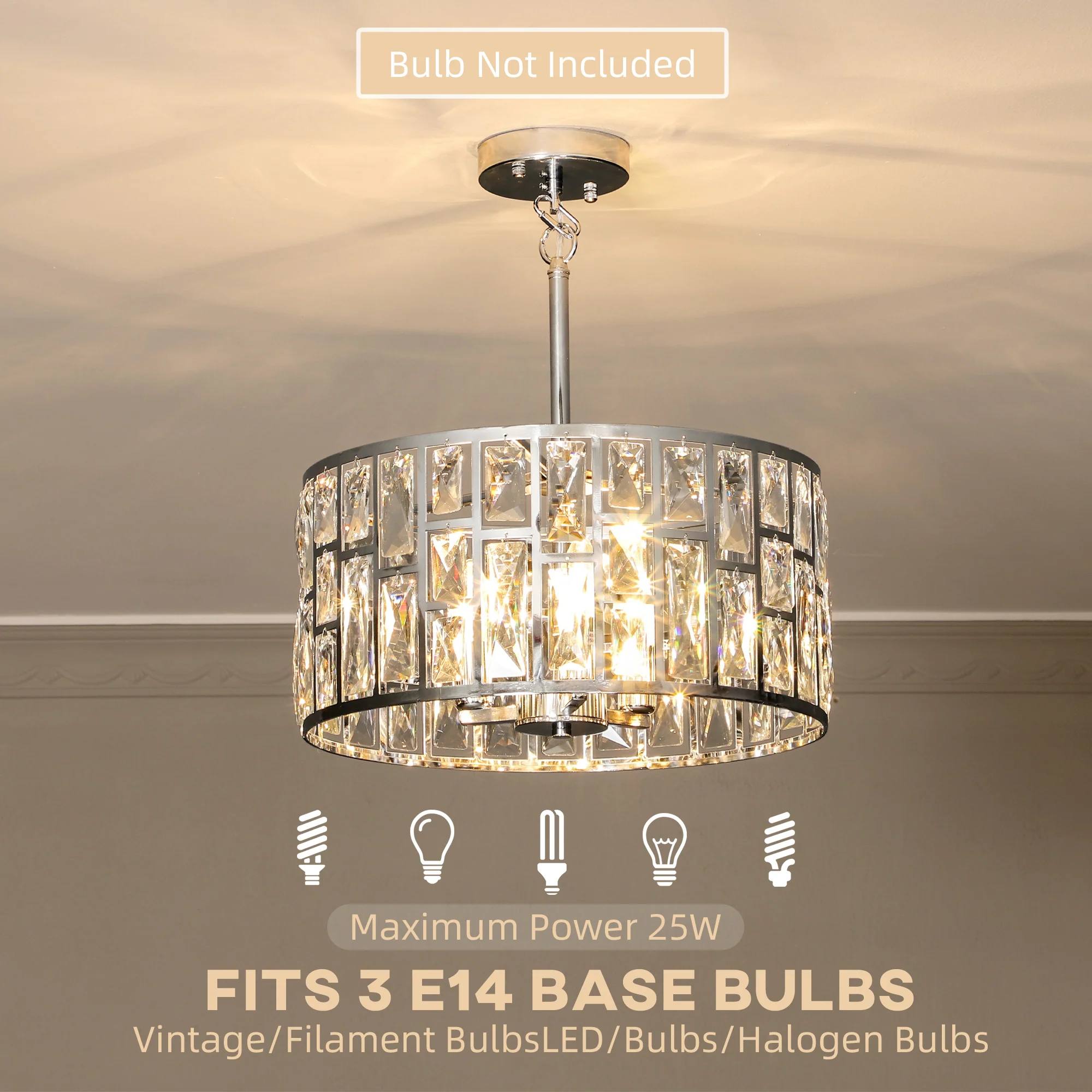 HOMCOM Flush Mount Ceiling Light, 3-Light Crystal Chandelier For Living Room - Image 4