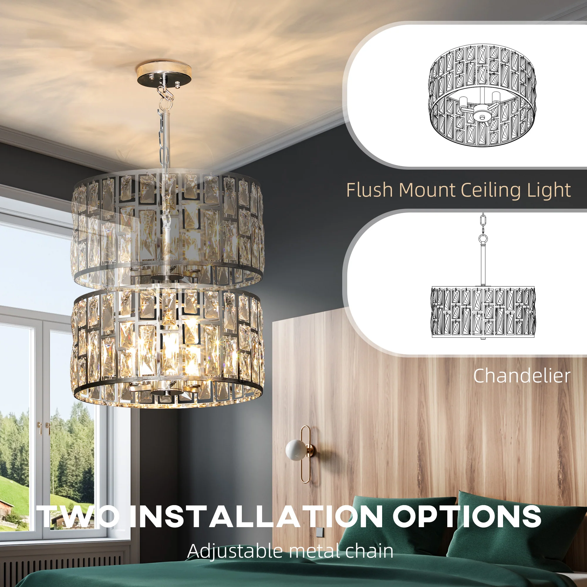 HOMCOM Flush Mount Ceiling Light, 3-Light Crystal Chandelier For Living Room - Image 6
