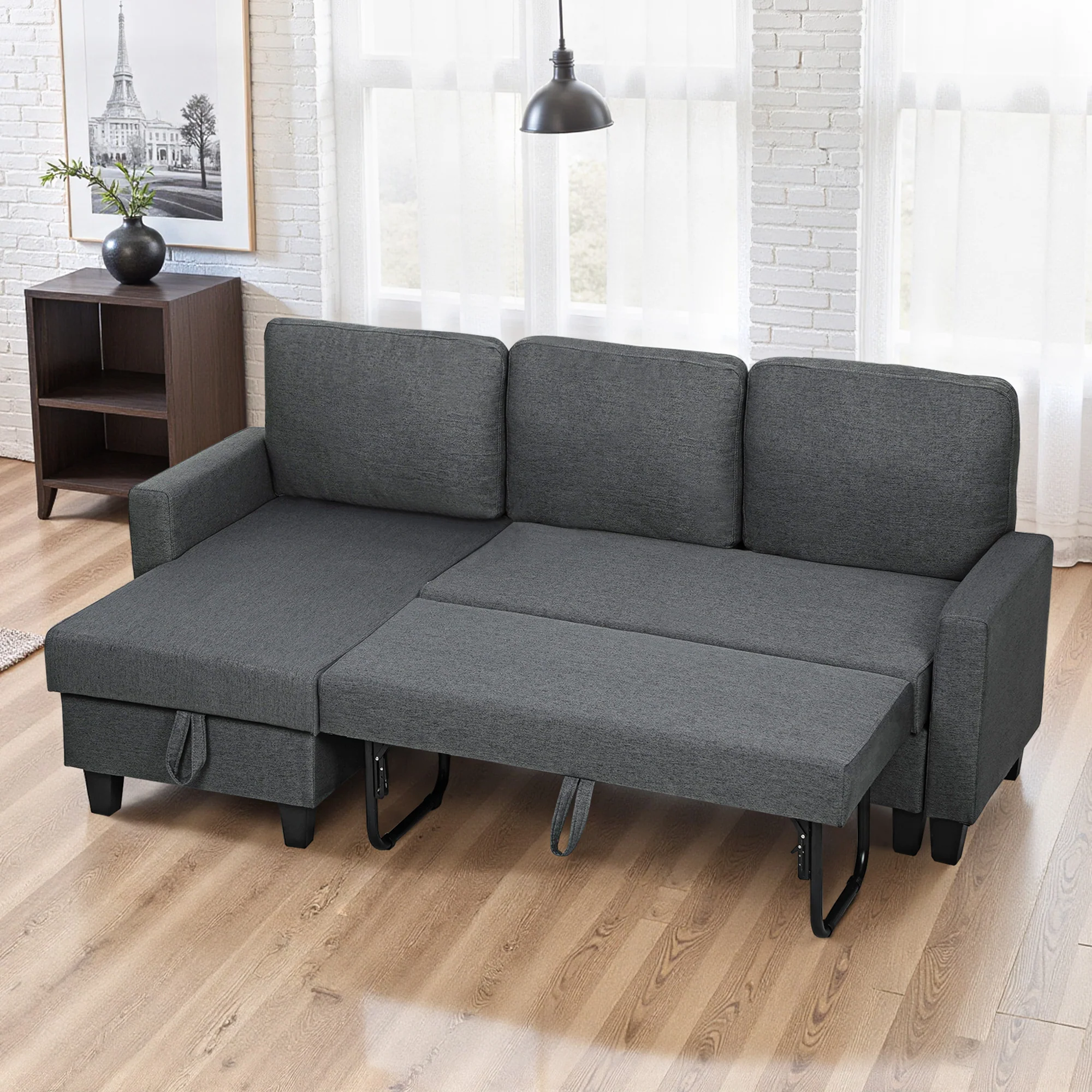 HOMCOM Fold-Out Convertible Sofa Bed With Removable Covers, Charcoal Grey