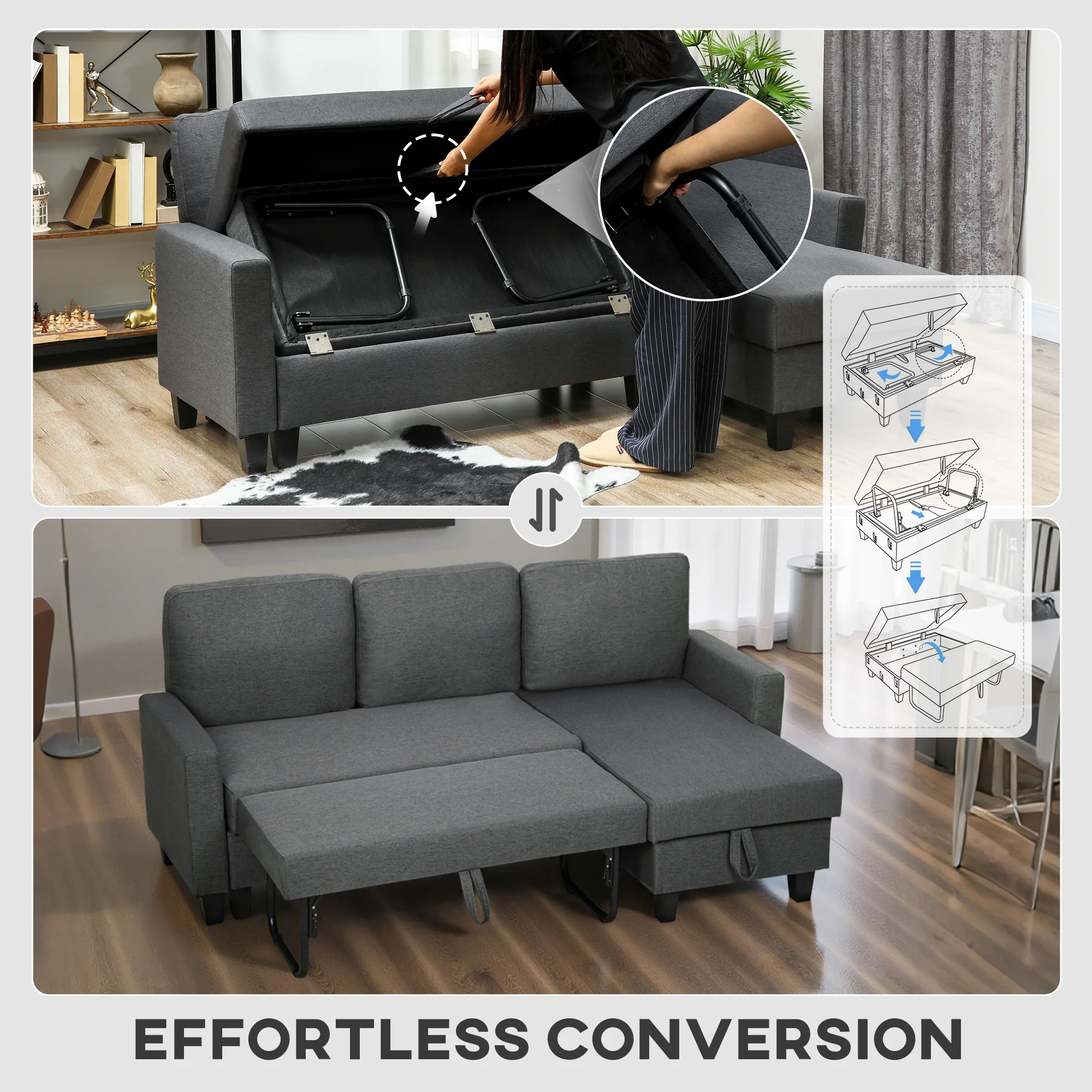 HOMCOM Fold-Out Convertible Sofa Bed With Removable Covers, Charcoal Grey - Image 4