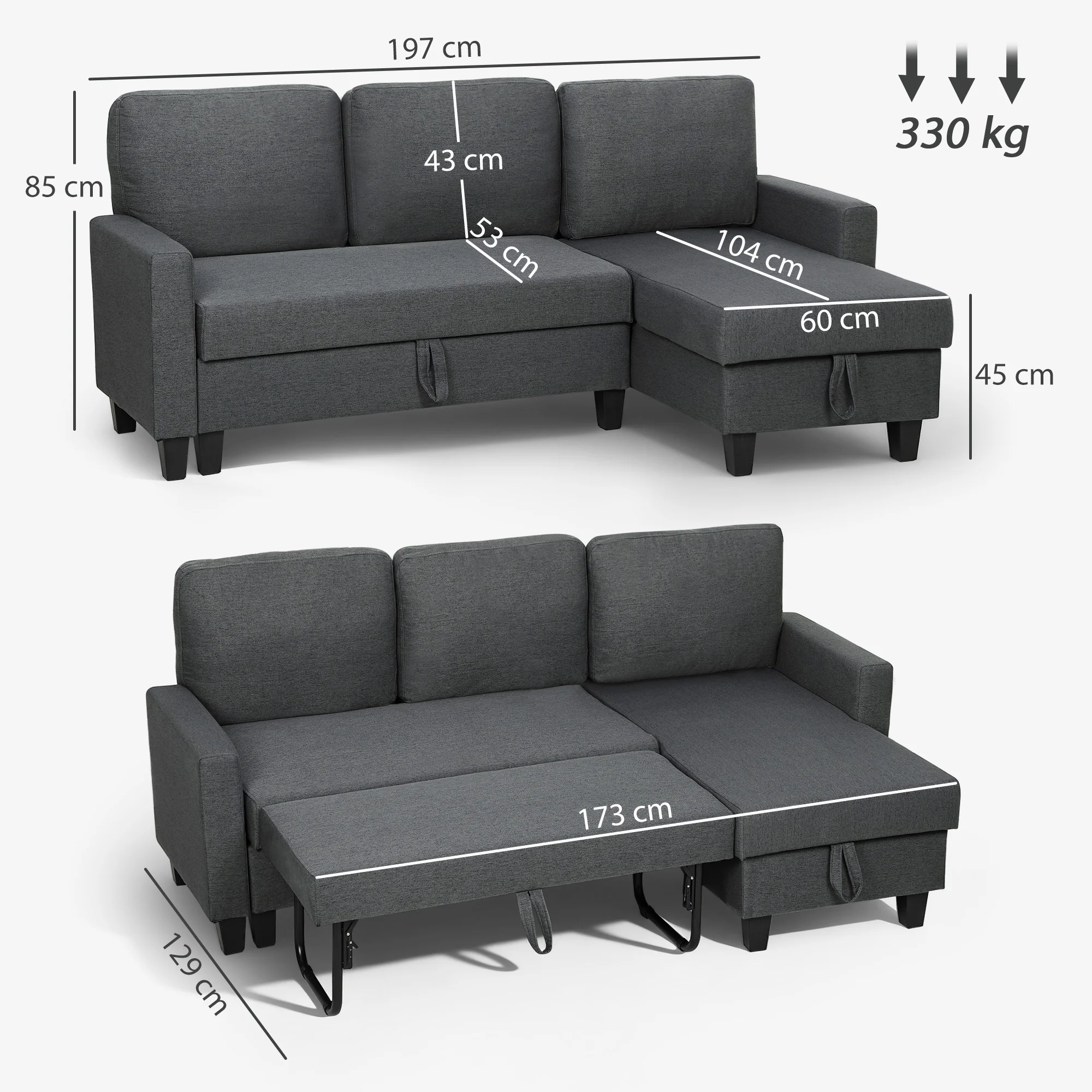 HOMCOM Fold-Out Convertible Sofa Bed With Removable Covers, Charcoal Grey - Image 5