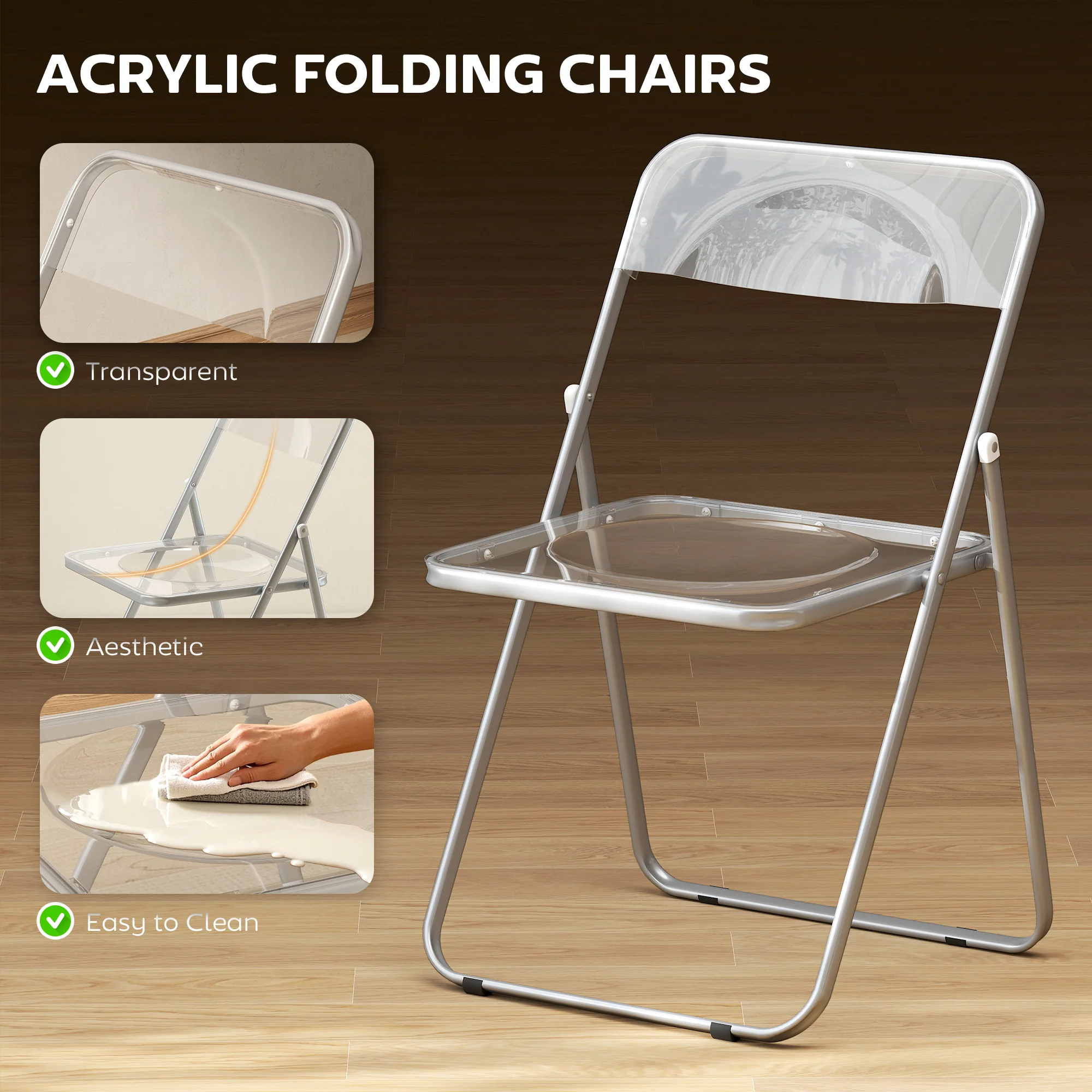 HOMCOM Foldable Chairs with Heavy Duty Steel Frame, Clear - Image 3