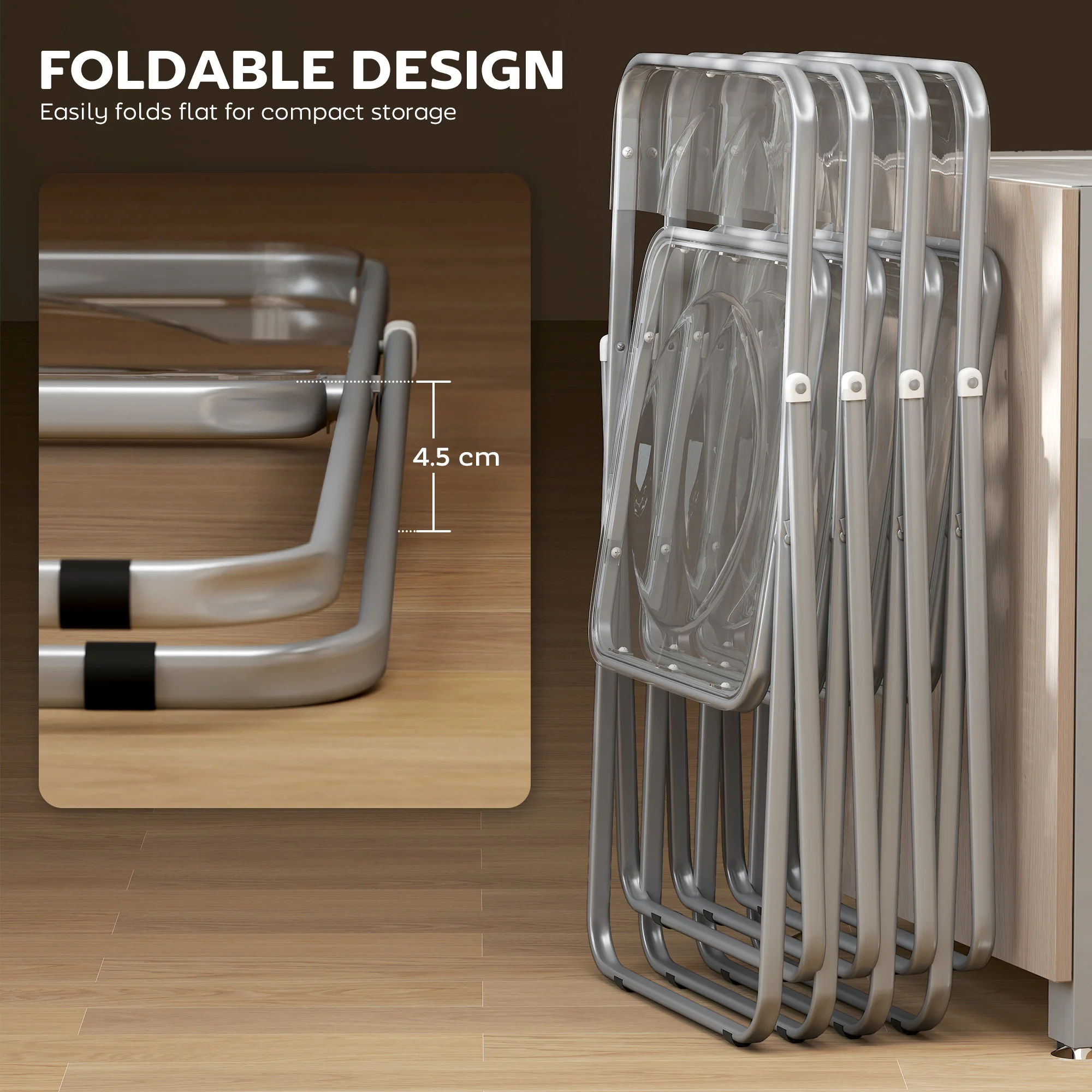 HOMCOM Foldable Chairs with Heavy Duty Steel Frame, Clear - Image 4