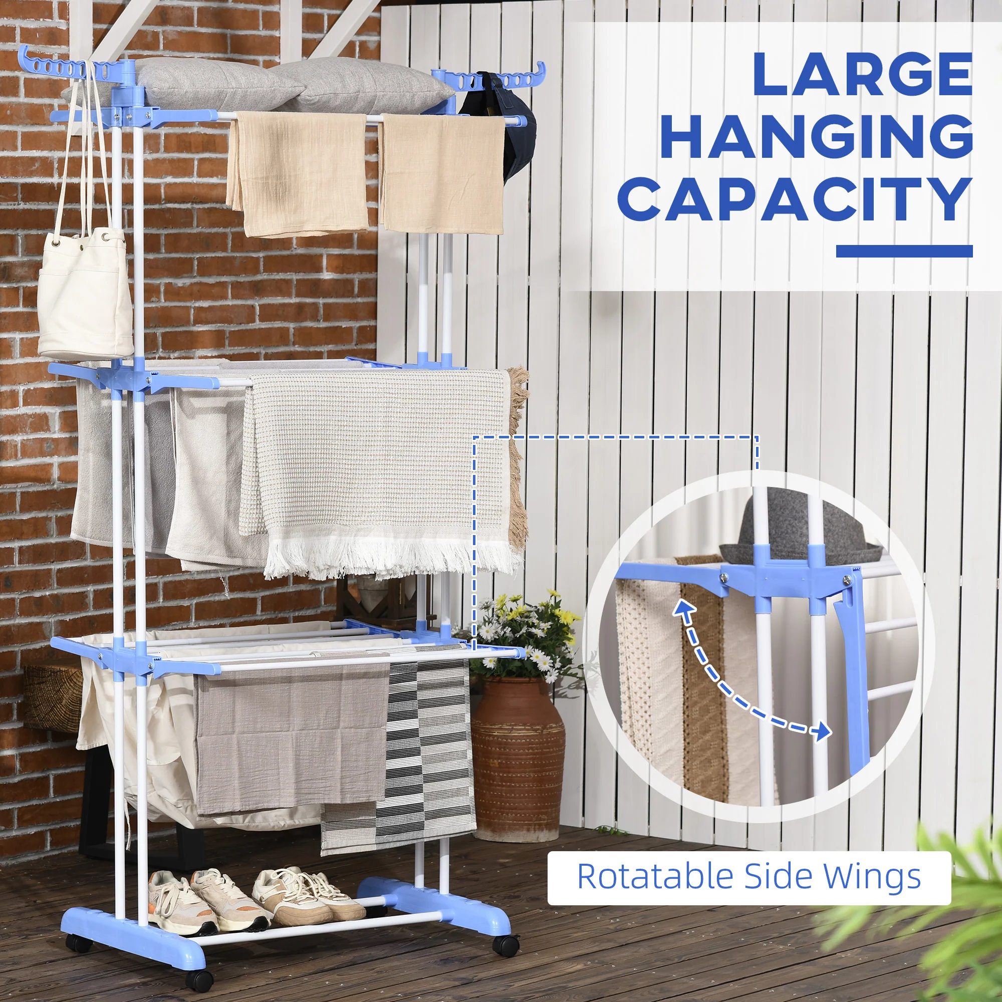 HOMCOM Foldable Clothes Drying Rack Steel Garment Dryer With Casters Blue - Image 3