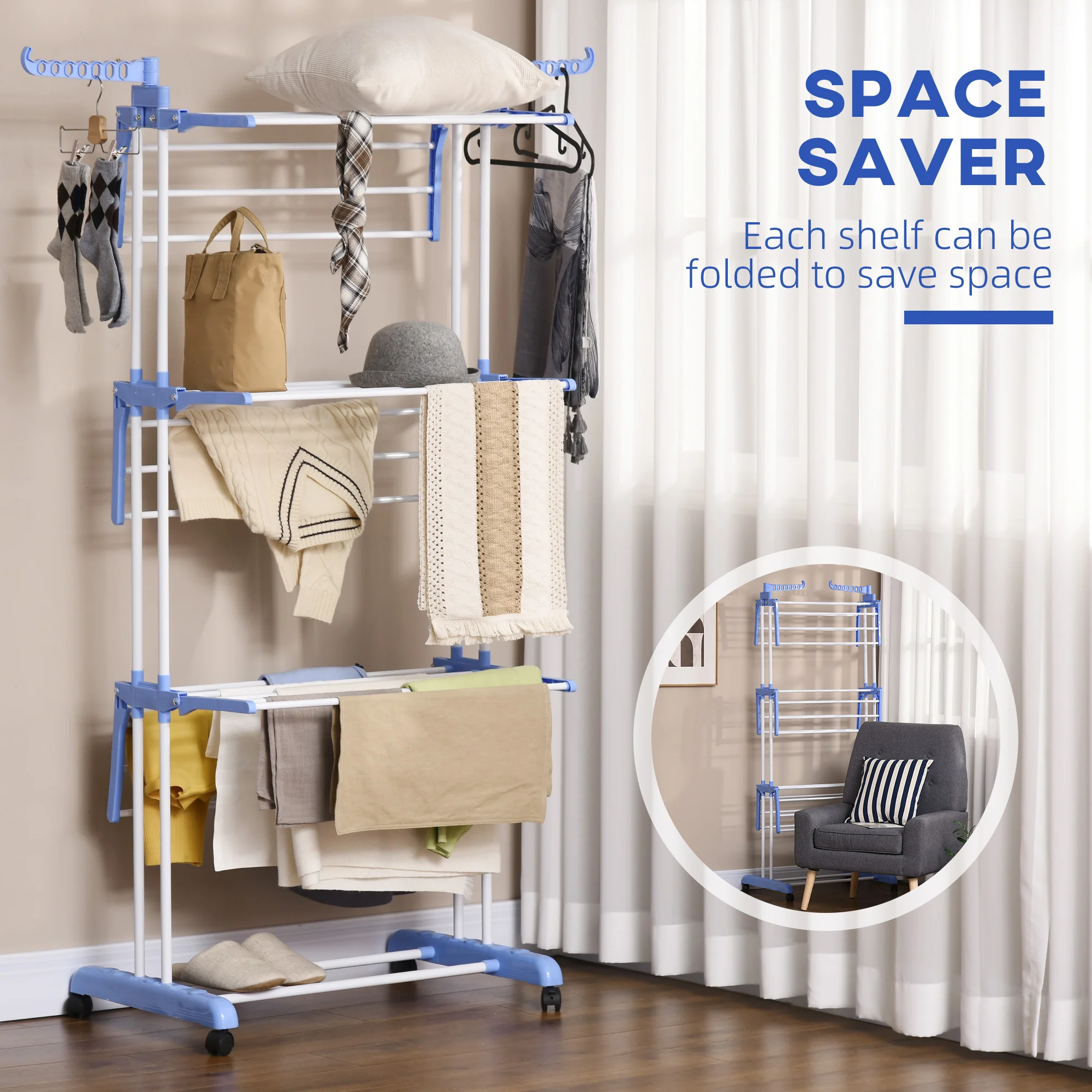 HOMCOM Foldable Clothes Drying Rack Steel Garment Dryer With Casters Blue - Image 6