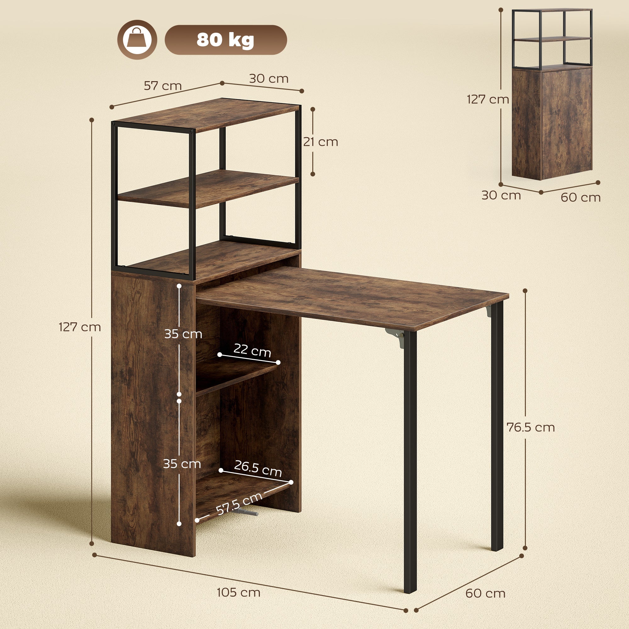 HOMCOM Foldable Computer Desk, Office Desk for Small Spaces, Rustic Brown - Image 5