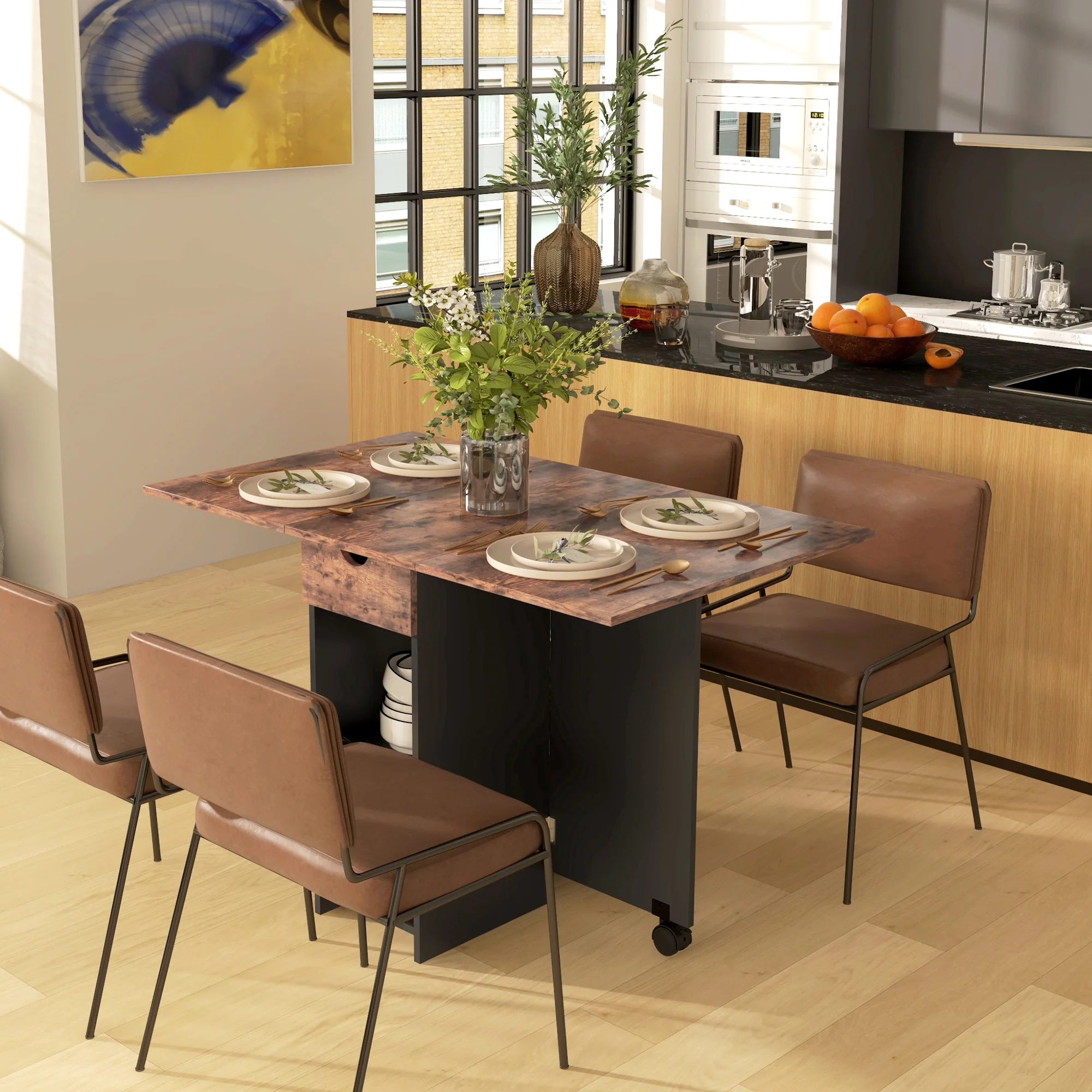 HOMCOM Foldable Dining Table, Drop Leaf Table with Storage, Rustic Brown - Image 8