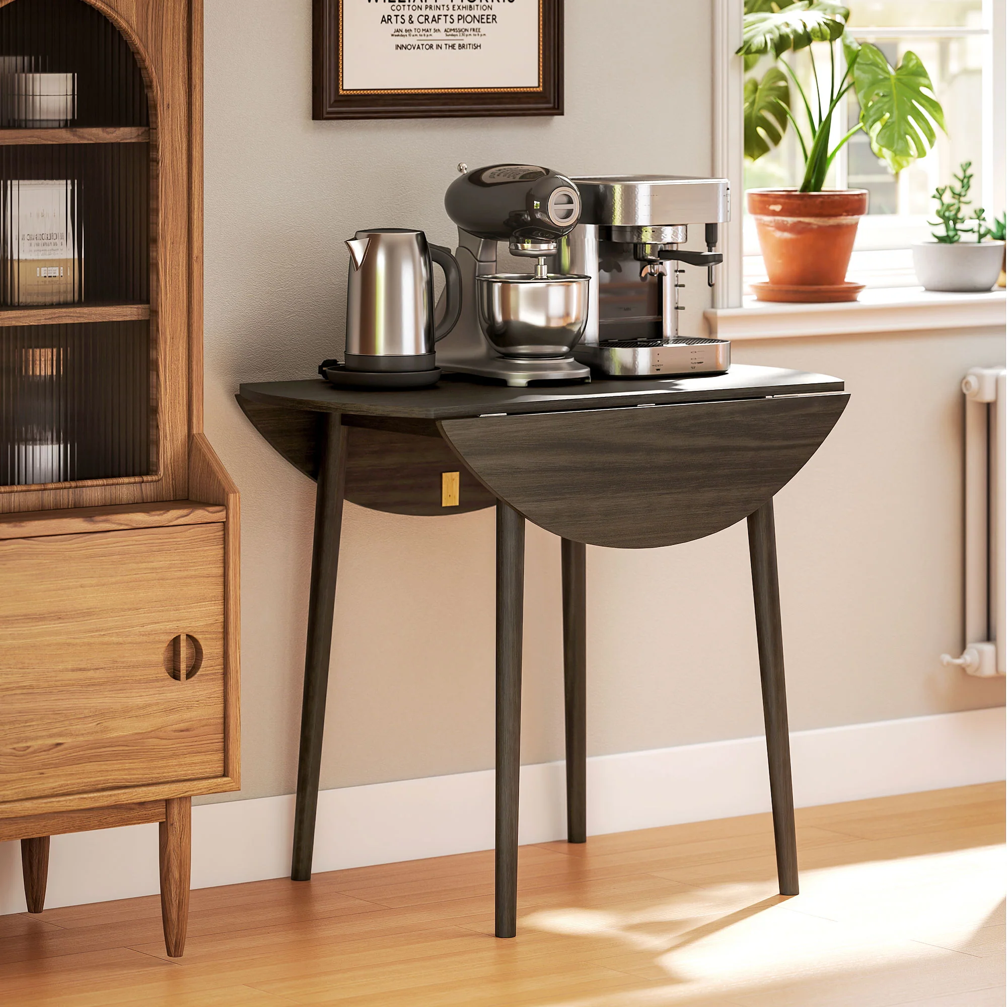 HOMCOM Foldable Dining Table, Round Drop Leaf Table, Wood Legs, Grey - Image 10