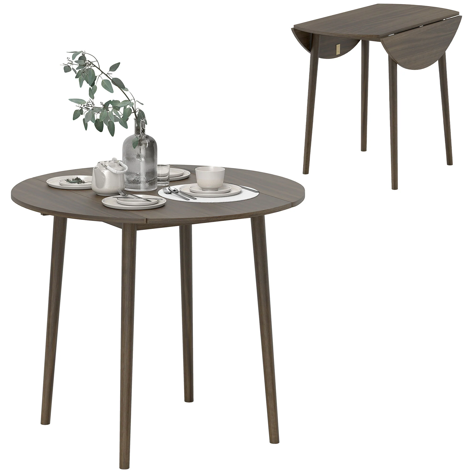HOMCOM Foldable Dining Table, Round Drop Leaf Table, Wood Legs, Grey - Image 2