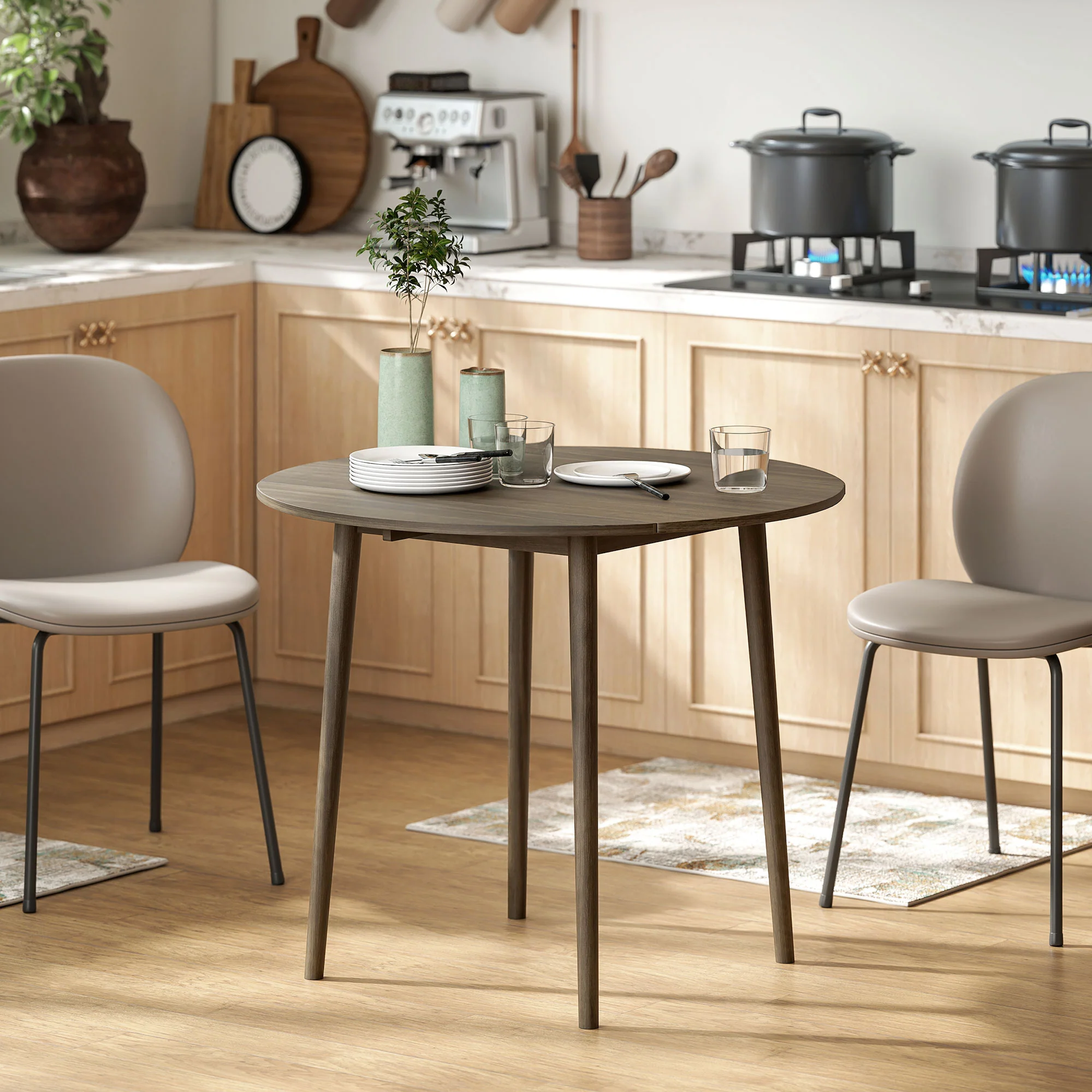 HOMCOM Foldable Dining Table, Round Drop Leaf Table, Wood Legs, Grey - Image 3
