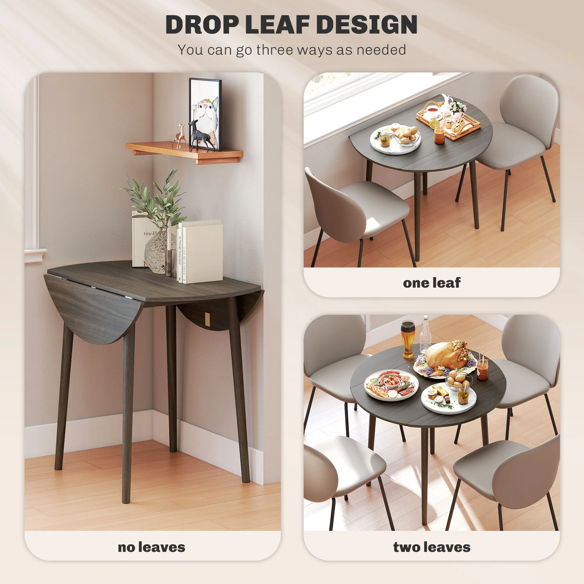 HOMCOM Foldable Dining Table, Round Drop Leaf Table, Wood Legs, Grey - Image 4
