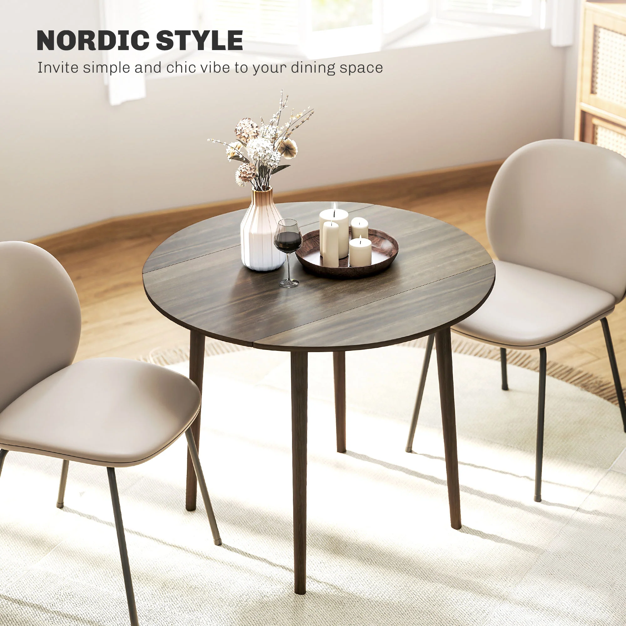 HOMCOM Foldable Dining Table, Round Drop Leaf Table, Wood Legs, Grey - Image 5