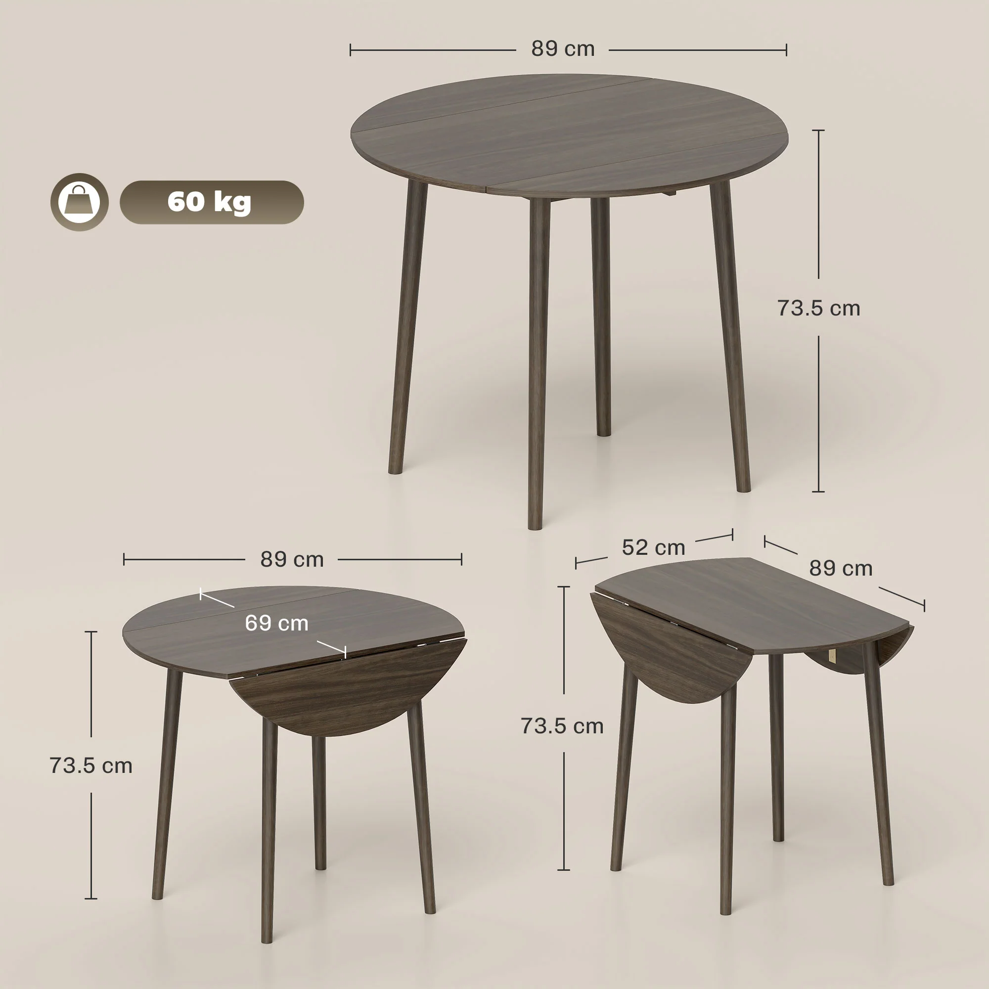 HOMCOM Foldable Dining Table, Round Drop Leaf Table, Wood Legs, Grey - Image 6