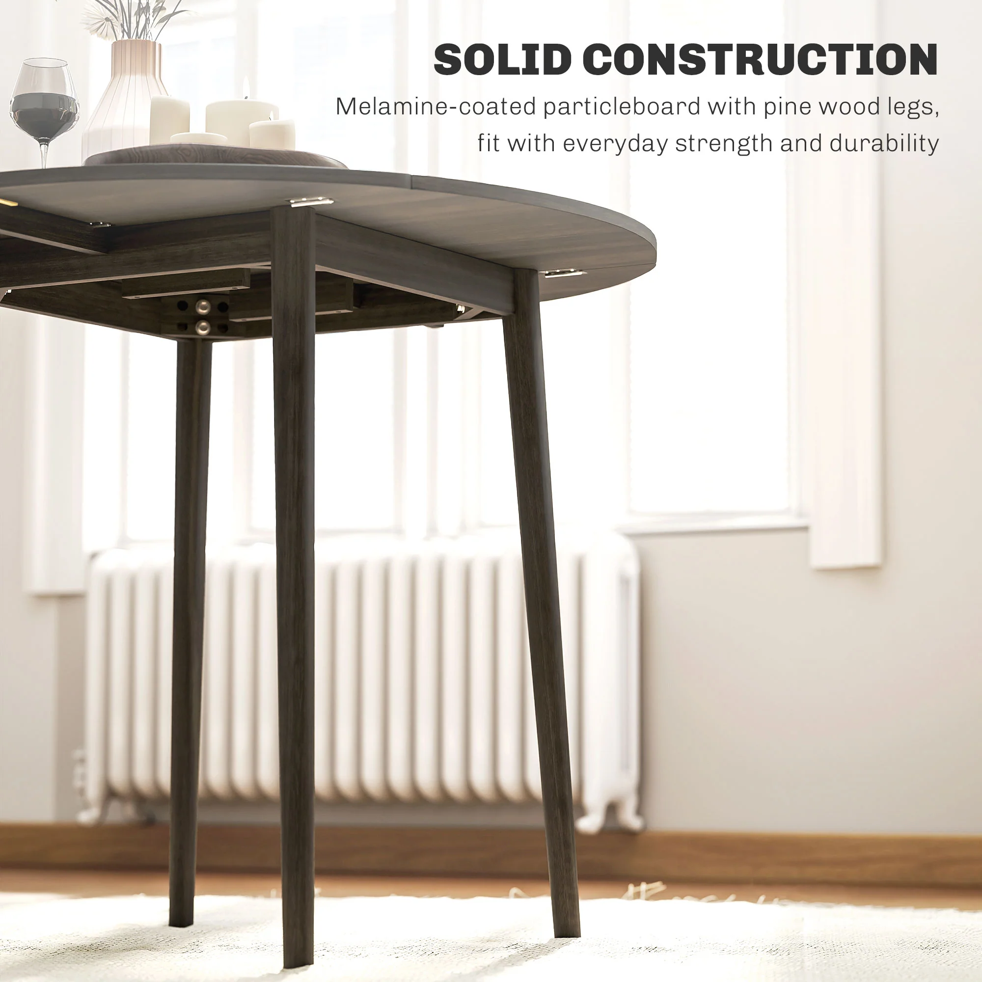 HOMCOM Foldable Dining Table, Round Drop Leaf Table, Wood Legs, Grey - Image 7