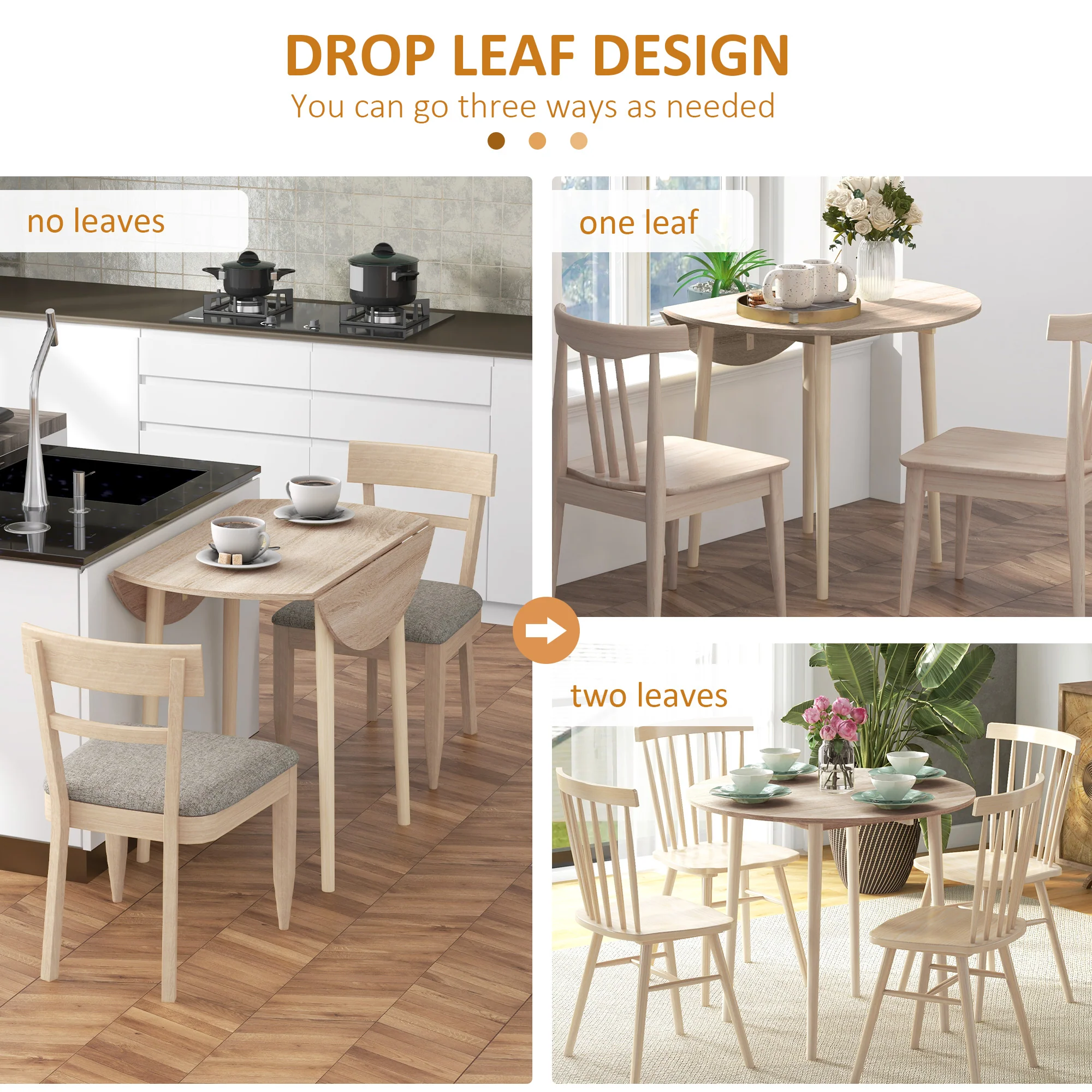 HOMCOM Foldable Dining Table, Round Drop Leaf Table, Wood Legs, Natural - Image 3