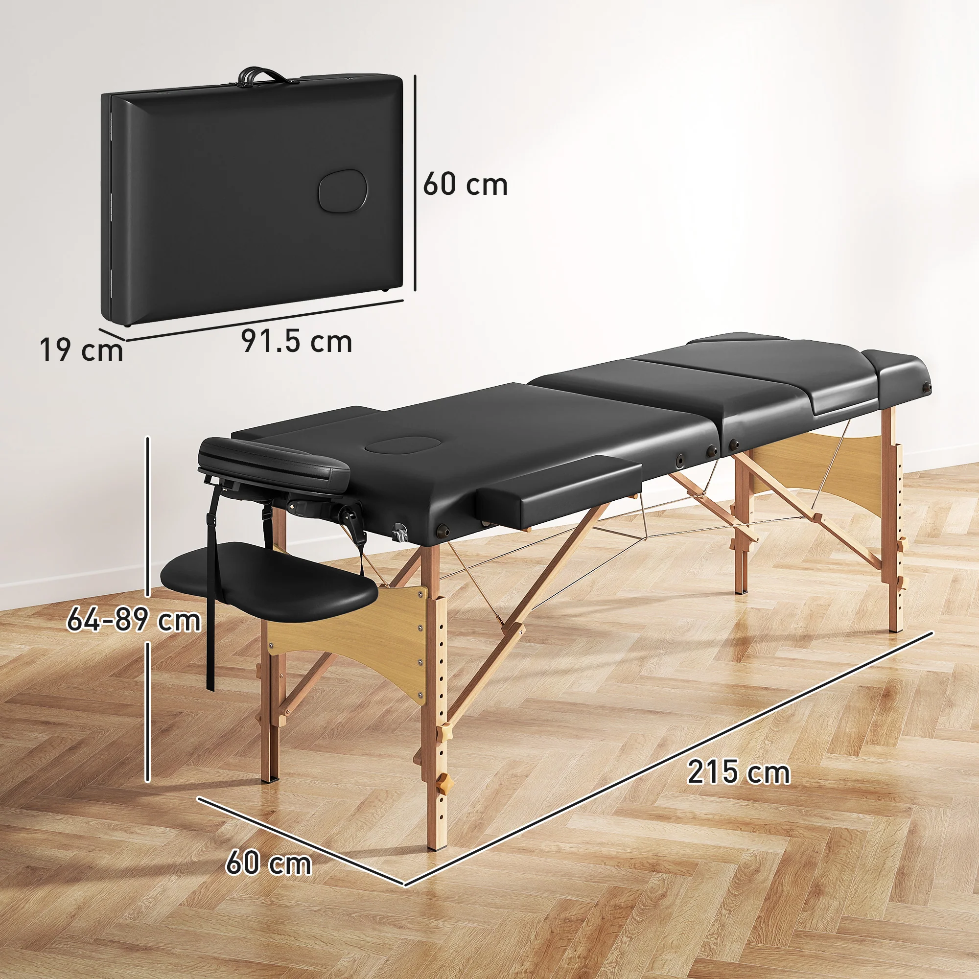HOMCOM Foldable Massage Bed with Beech Wood Legs Face Cradle Armrests - Image 5