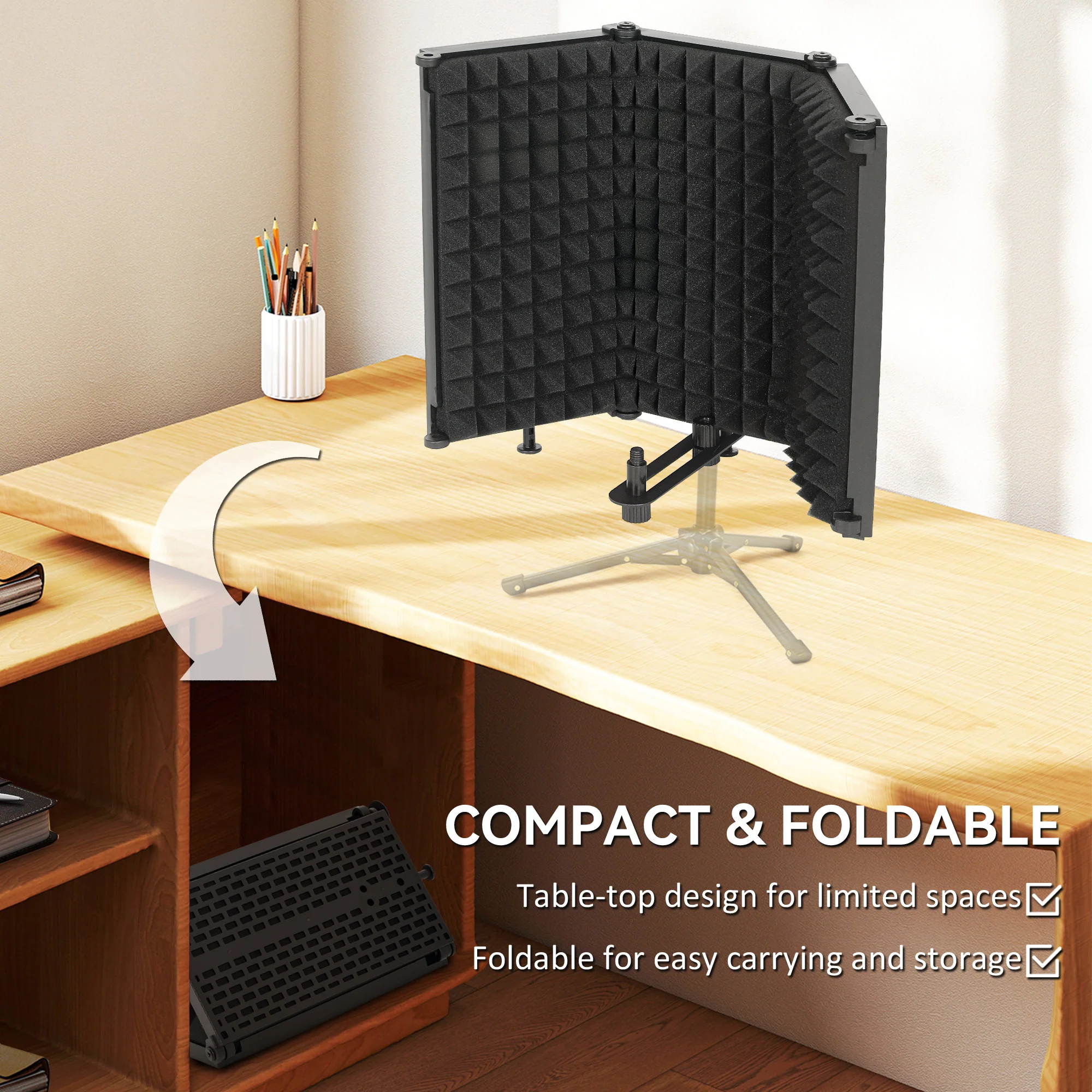 HOMCOM Foldable Table Top Studio Microphone Isolation Shield, Black - Image 4