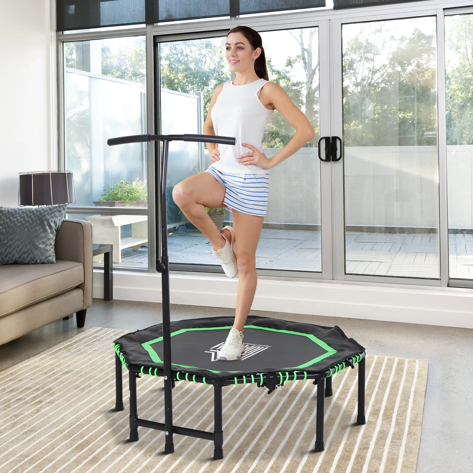 HOMCOM Foldable Trampoline w/ Adjust Handle, Max Load 100 KG - Green - Image 2