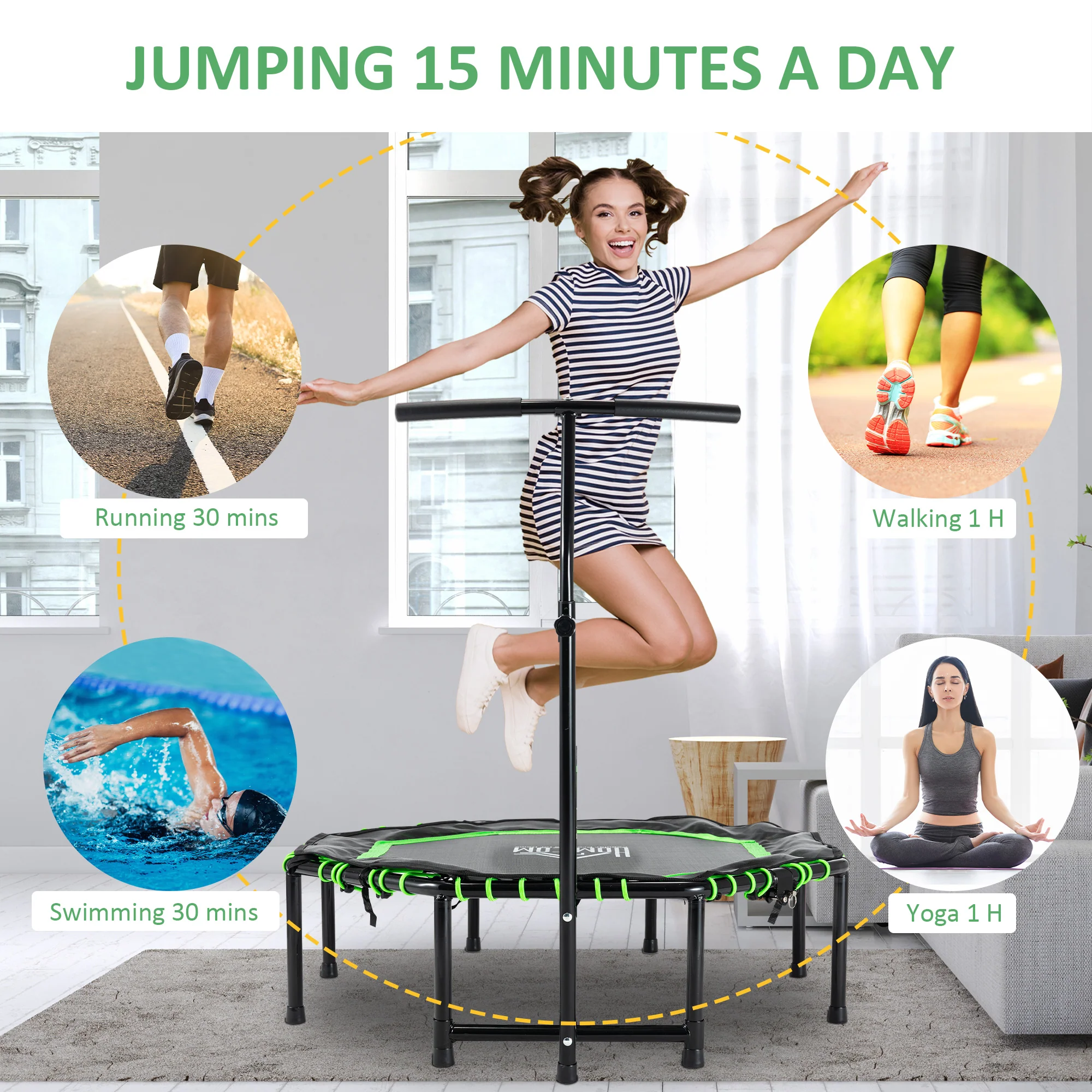 HOMCOM Foldable Trampoline w/ Adjust Handle, Max Load 100 KG - Green - Image 3