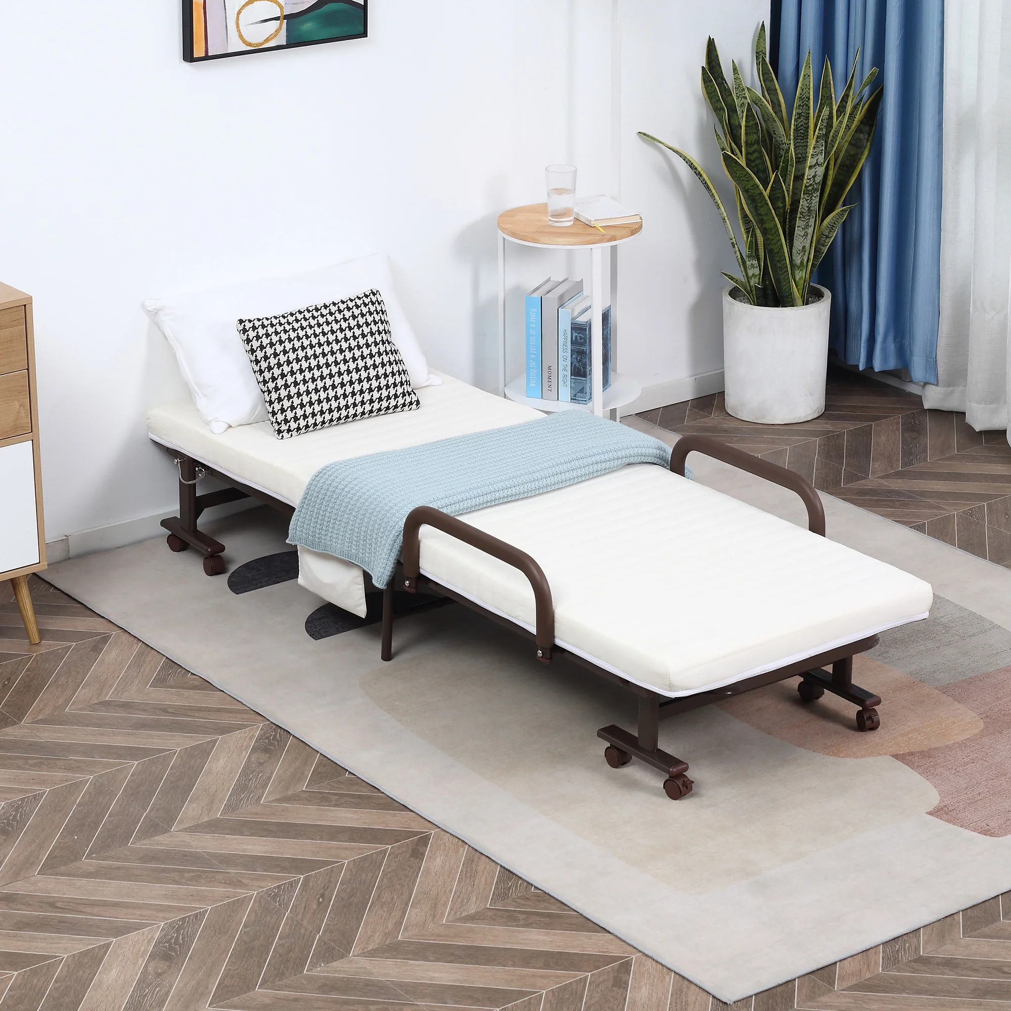 HOMCOM Folding Bed with Mattress & Wheels, Adjustable Backrest Guest, White - Image 2