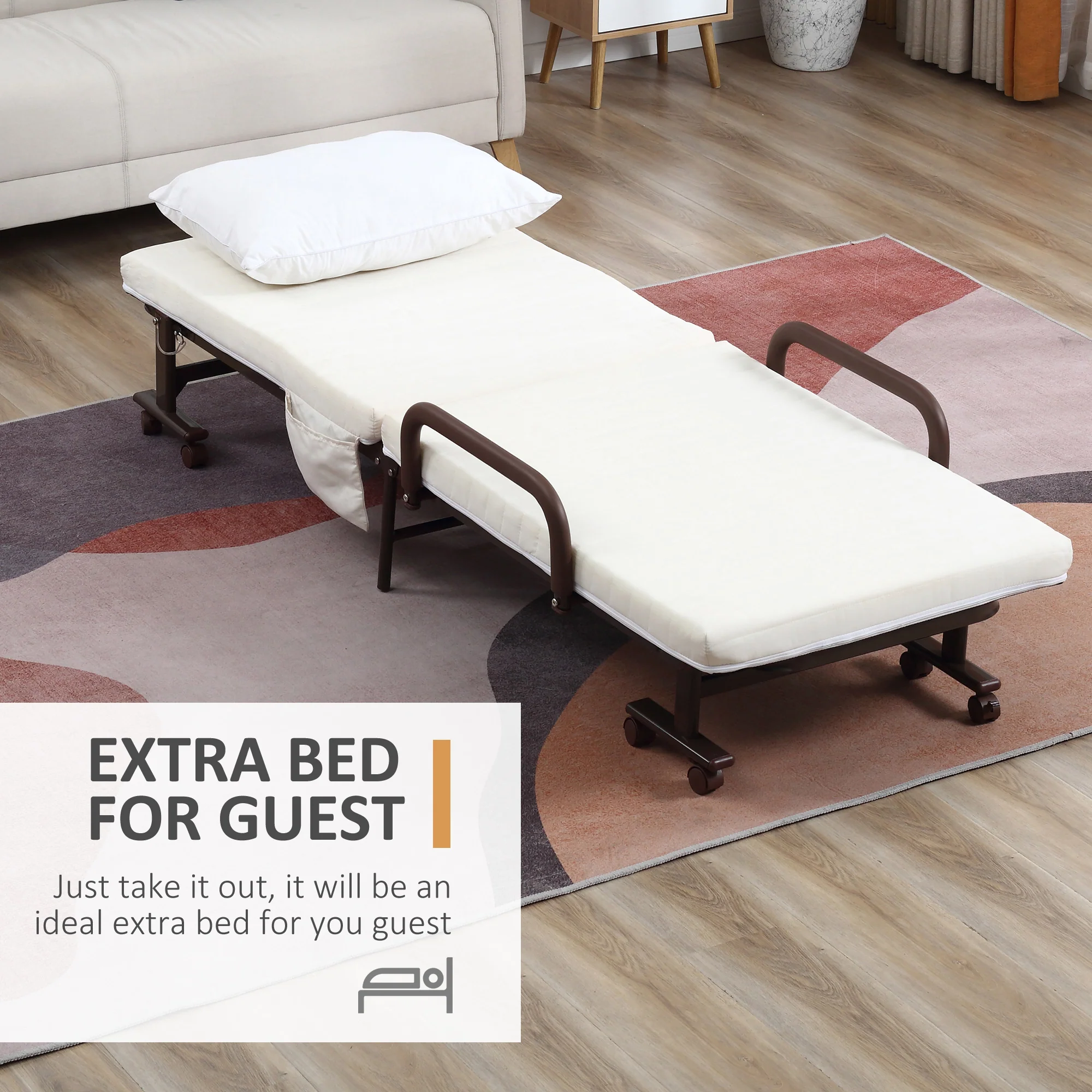 HOMCOM Folding Bed with Mattress & Wheels, Adjustable Backrest Guest, White - Image 3
