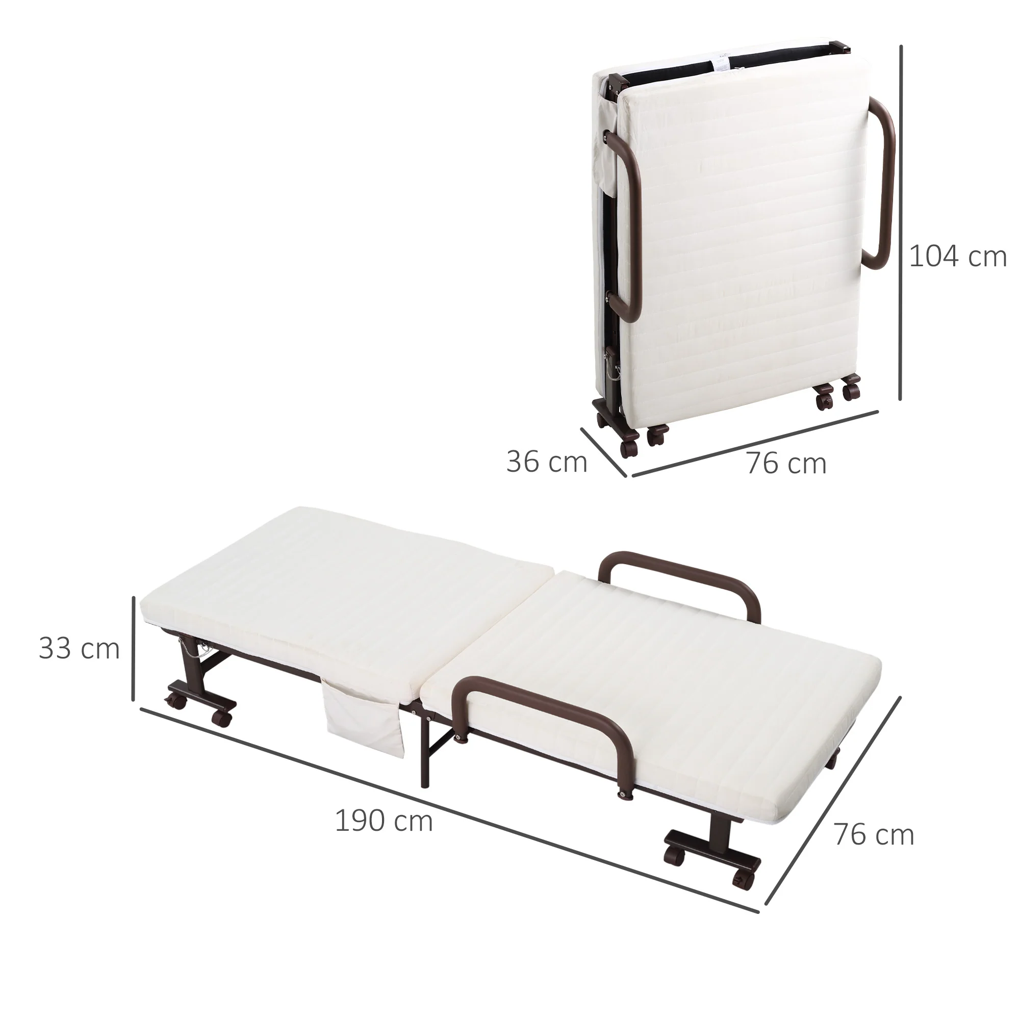 HOMCOM Folding Bed with Mattress & Wheels, Adjustable Backrest Guest, White - Image 5