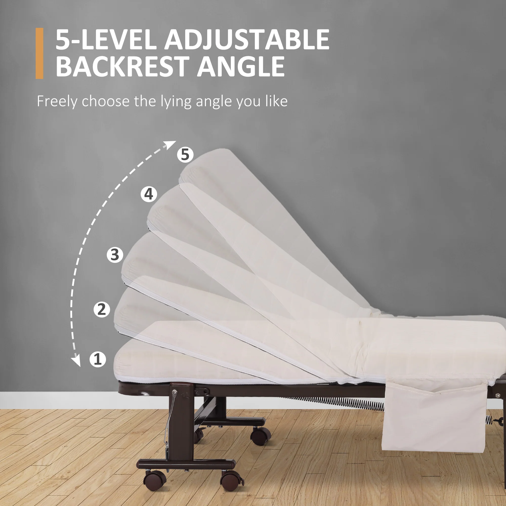 HOMCOM Folding Bed with Mattress & Wheels, Adjustable Backrest Guest, White - Image 6