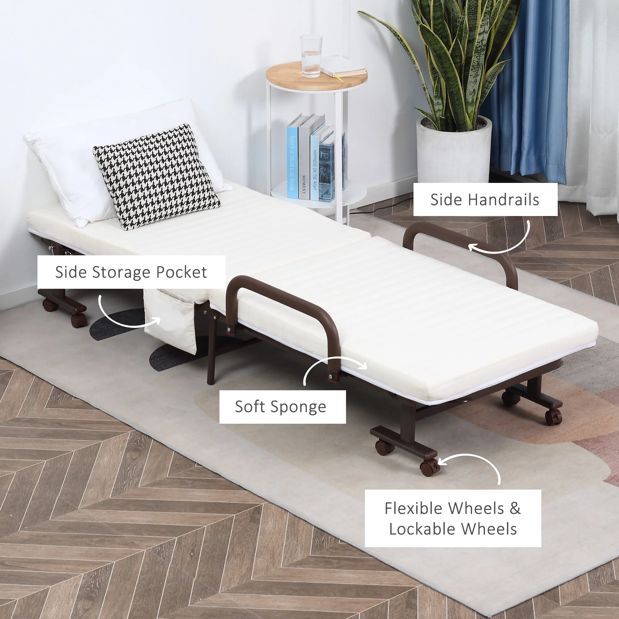 HOMCOM Folding Bed with Mattress & Wheels, Adjustable Backrest Guest, White - Image 7