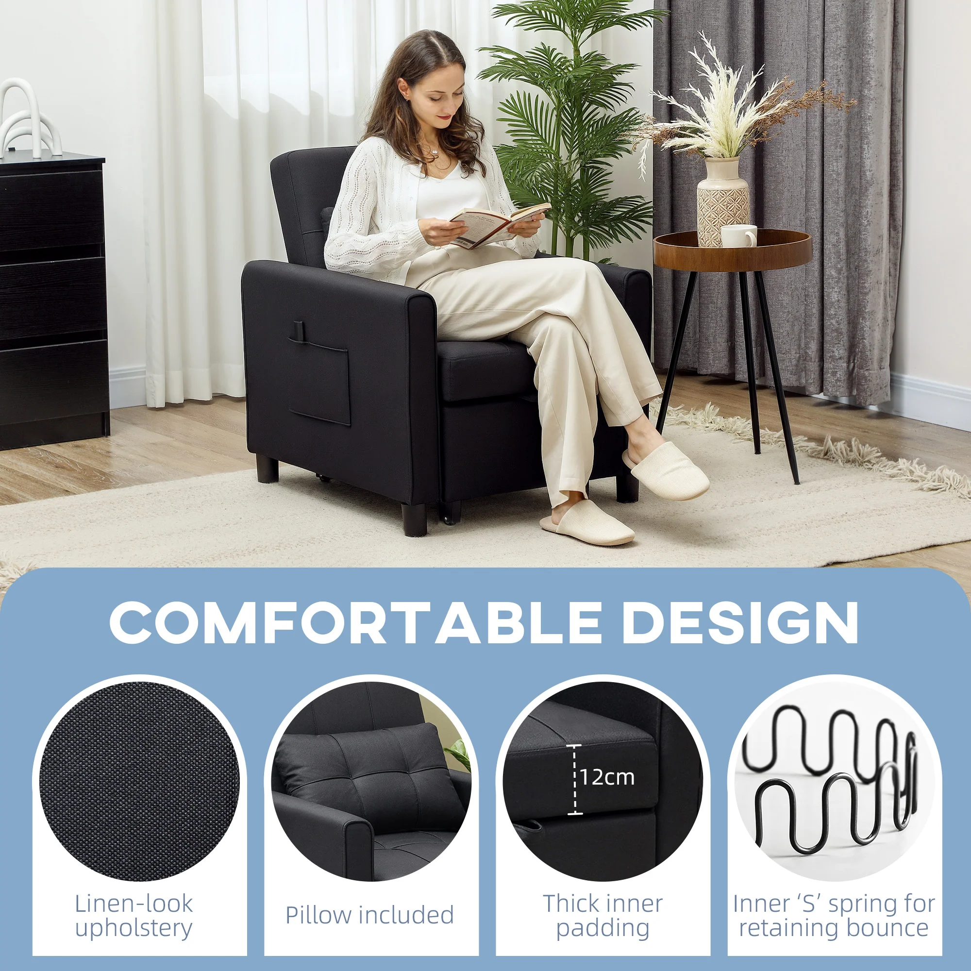 HOMCOM Folding Chair Bed, Sleeper Chair with Pillow, Side Pockets, Black - Image 3