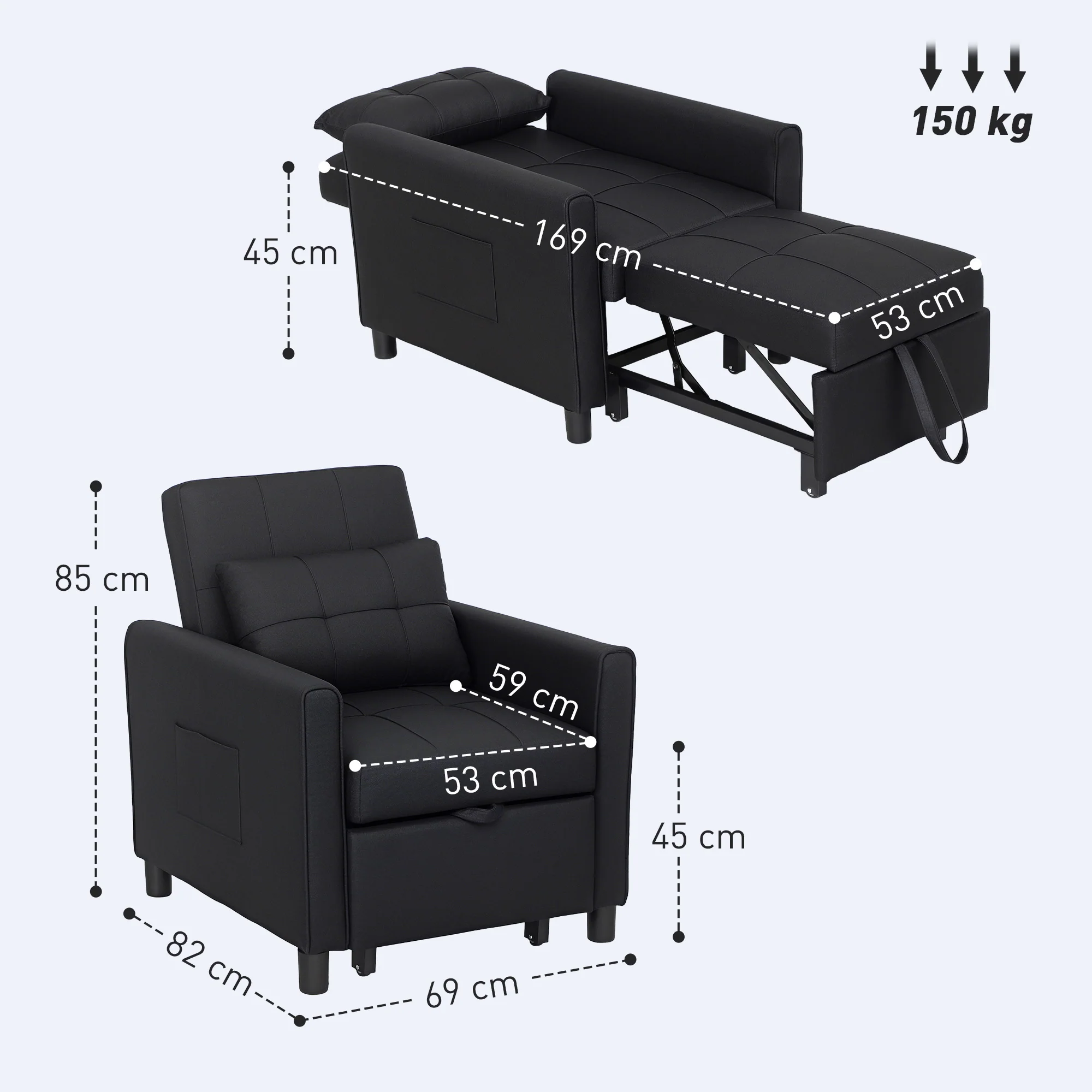 HOMCOM Folding Chair Bed, Sleeper Chair with Pillow, Side Pockets, Black - Image 5