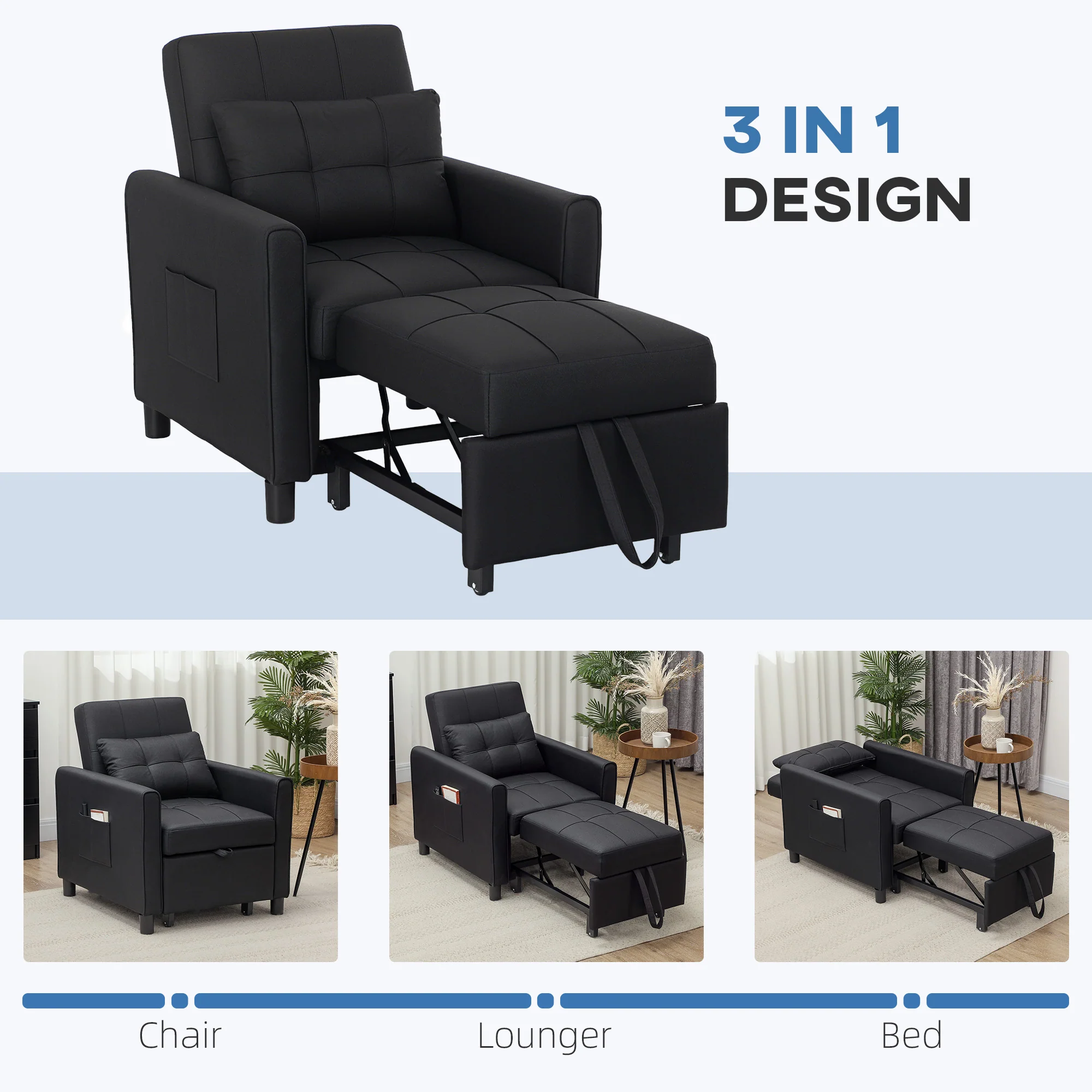 HOMCOM Folding Chair Bed, Sleeper Chair with Pillow, Side Pockets, Black - Image 6