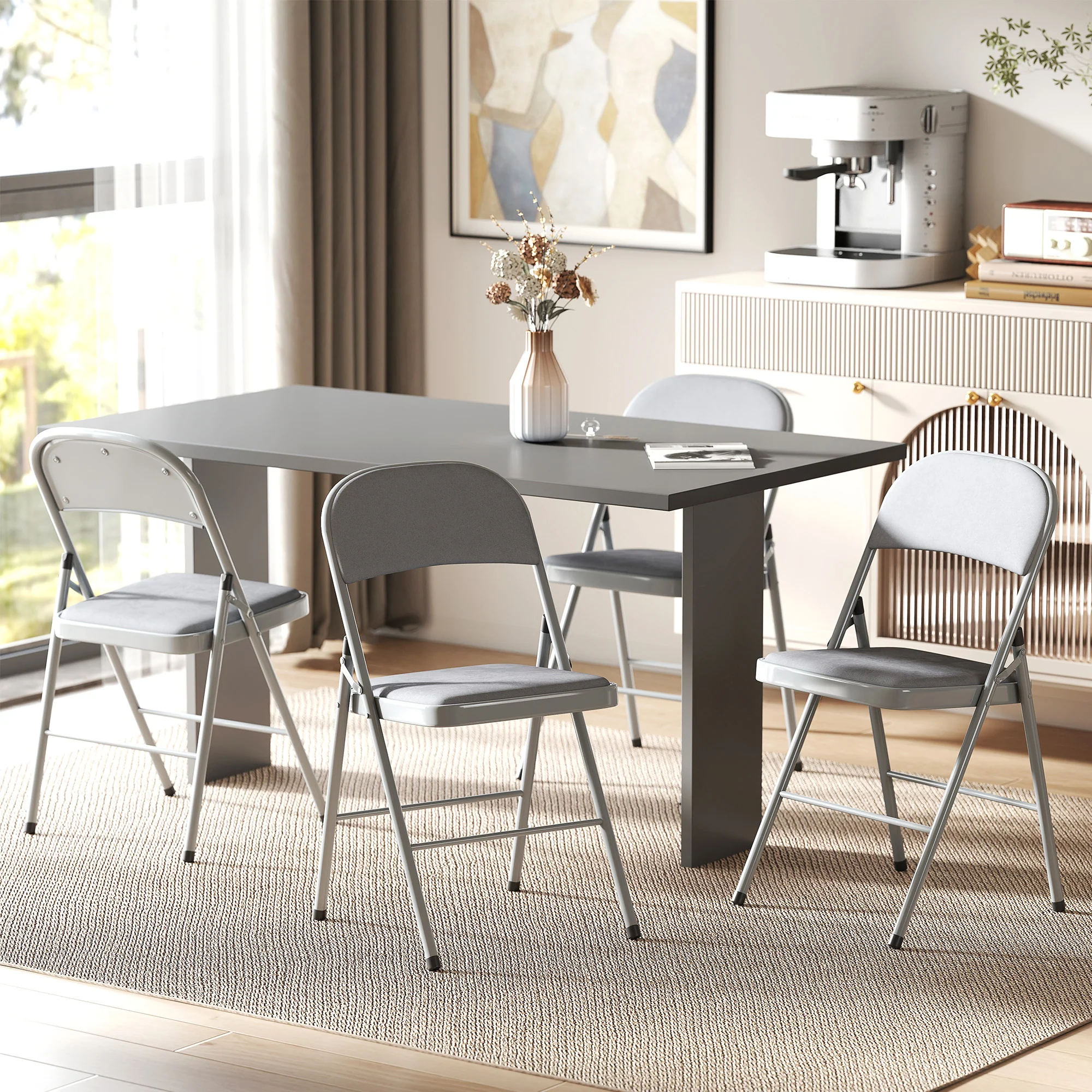 HOMCOM Folding Chairs Set of 4, Foldable Chairs with Cushions, Light Grey - Image 2